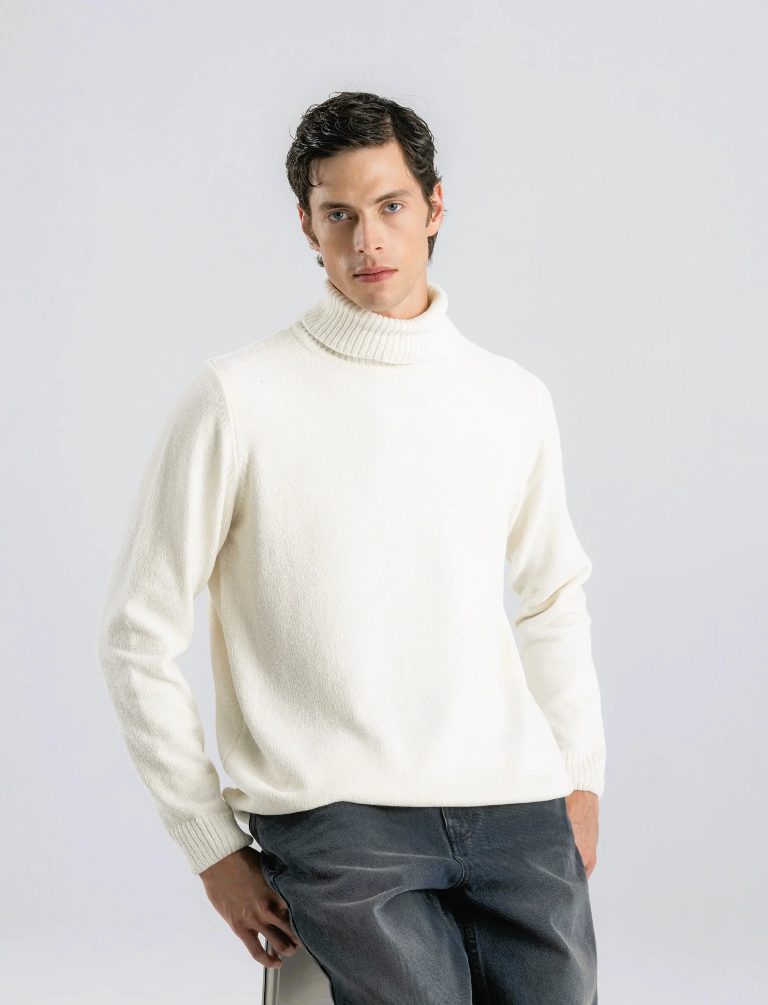 MAGLIA COLLO ALTO IN CINIGLIA - Beige ecru - Image 4