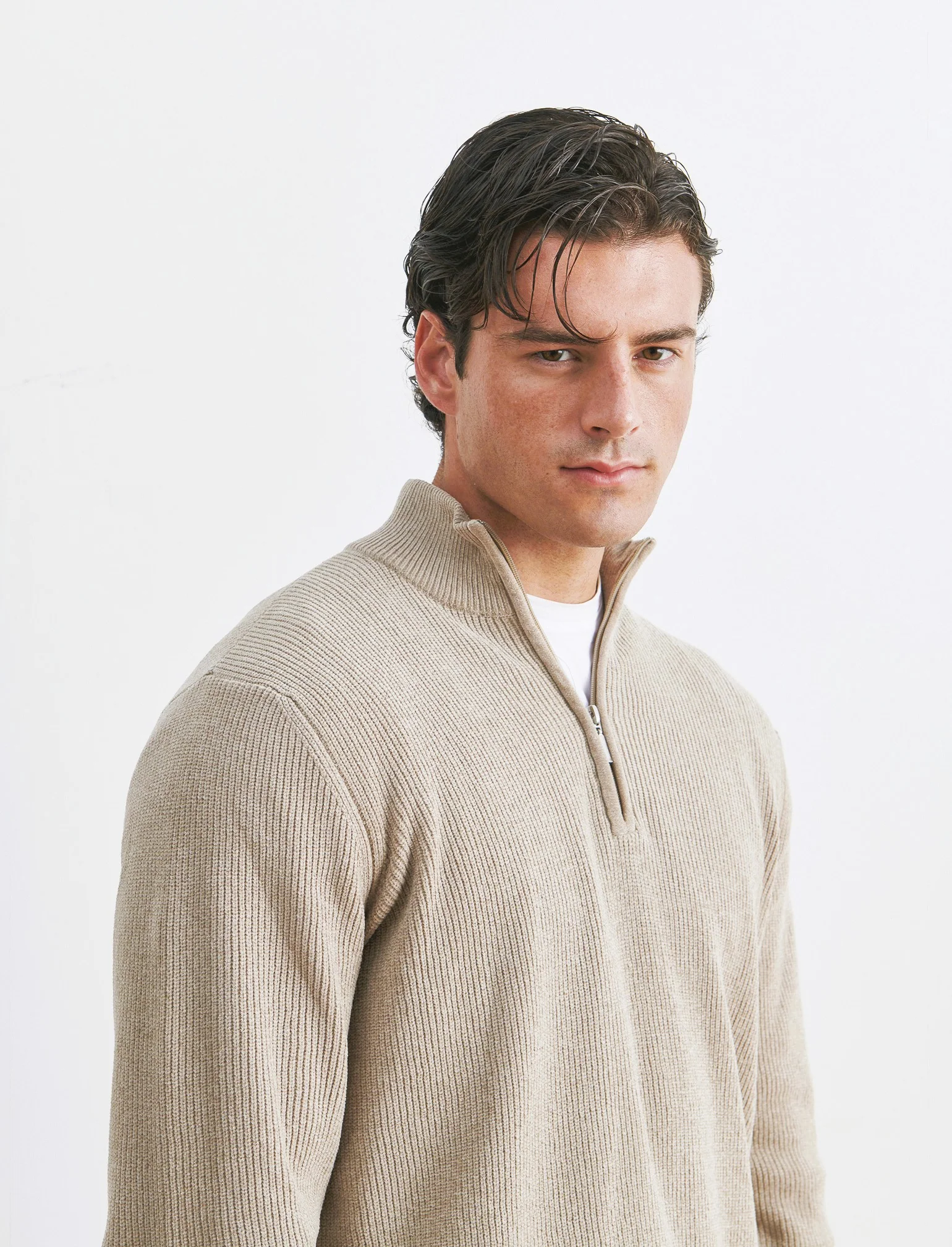 MAGLIA COLLO ALTO ZIP IN CINIGLIA - Beige - Image 2