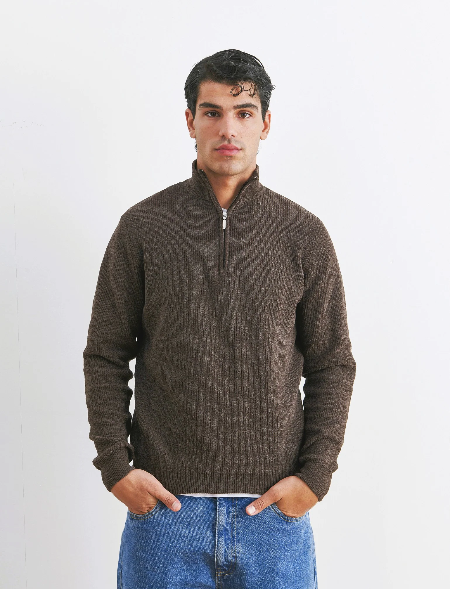 MAGLIA COLLO ALTO ZIP IN CINIGLIA - Moro
