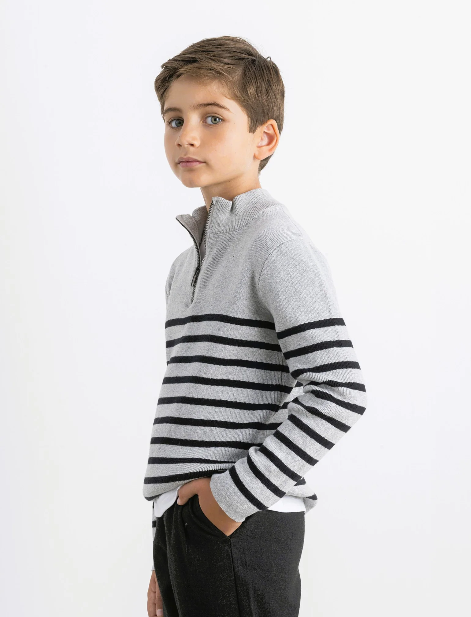 Maglia collo rigato - Grigio mel. - Image 4