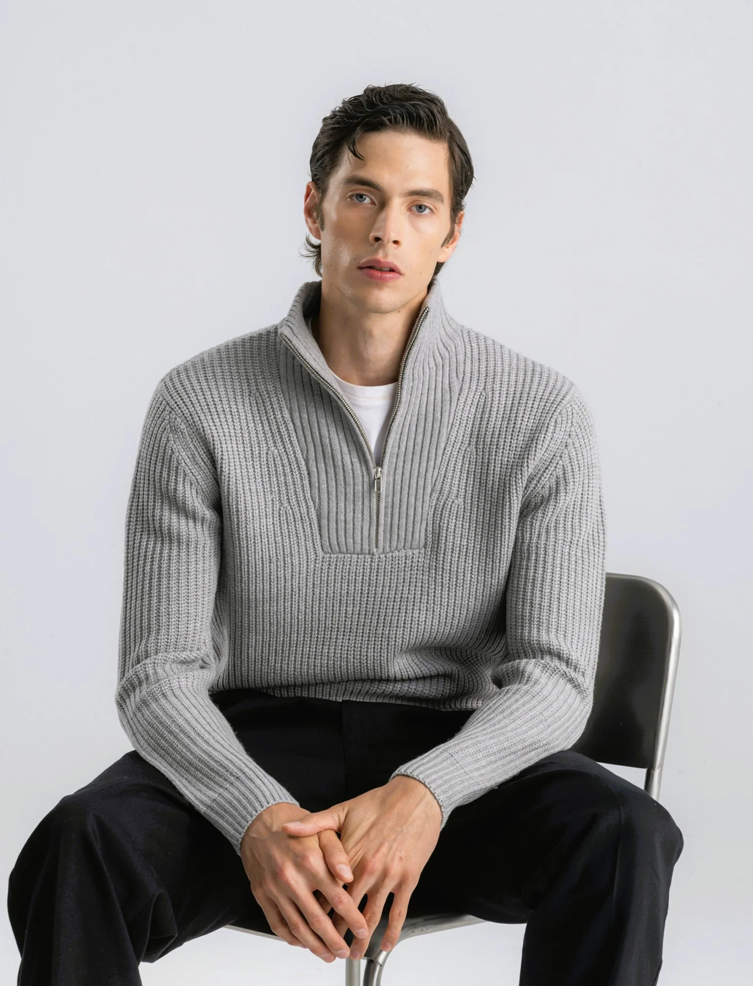 MAGLIA CON COLLO A CERNIERA E TEXTURE - Grigio mel. - Image 3