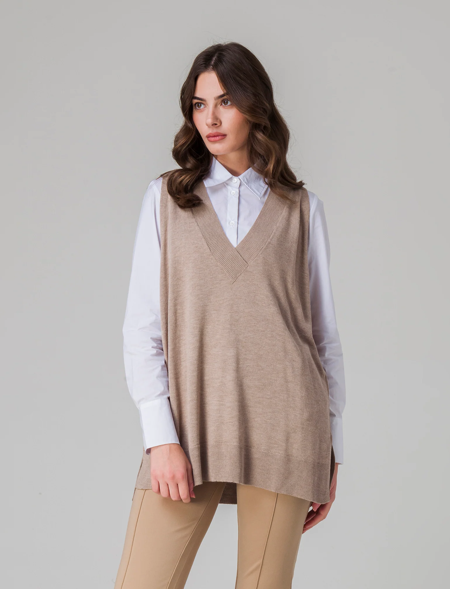 Maglia giro manica da donna - Cammello