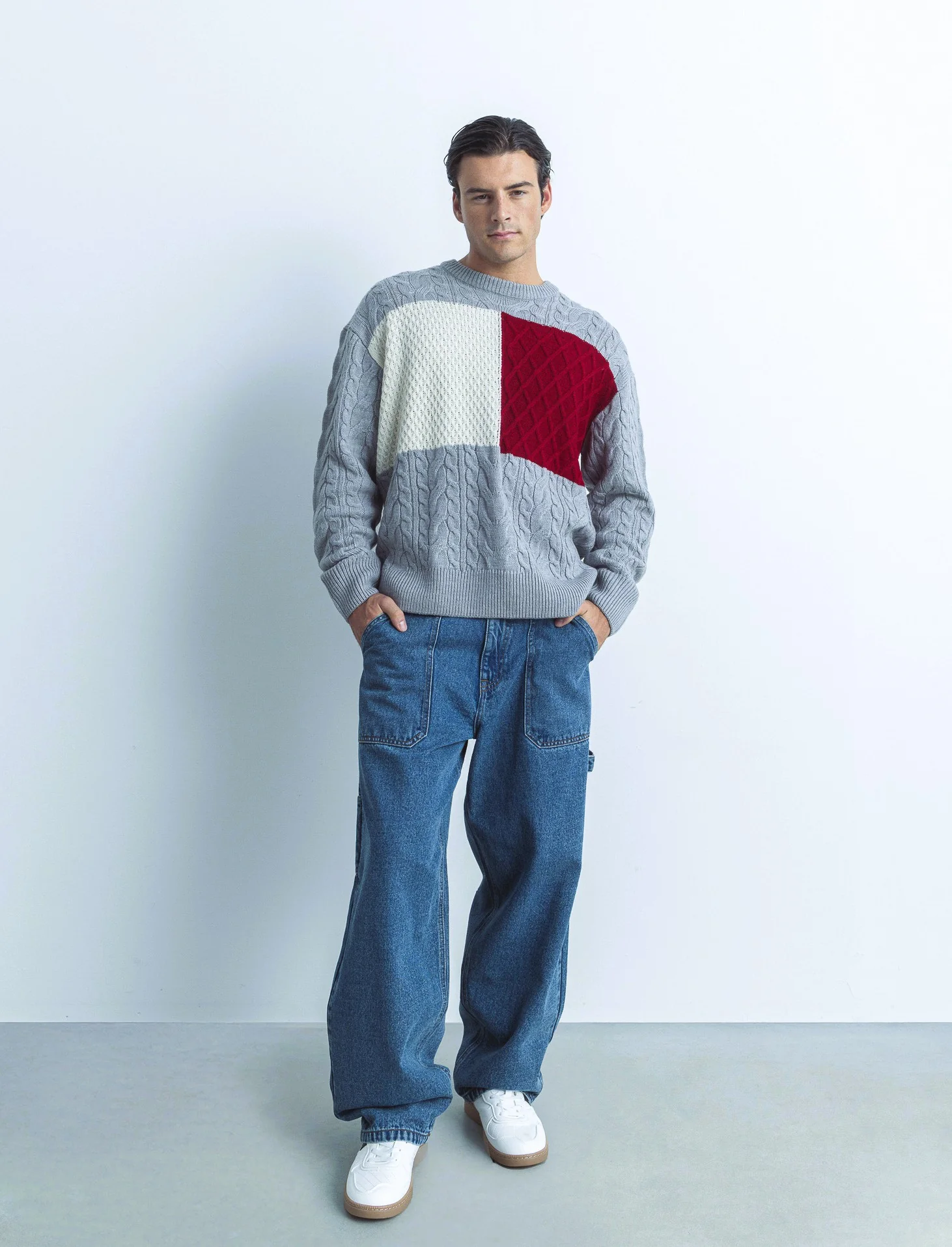 MAGLIA GIROCOLLO AD INTARSIO - Grigio mel. - Image 3