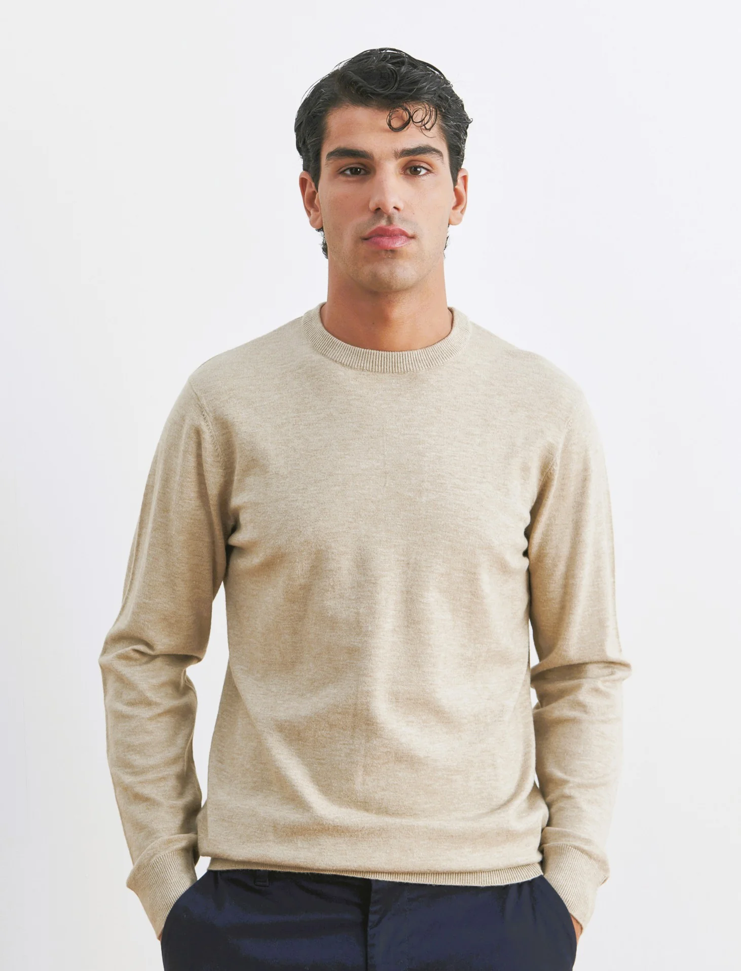 MAGLIA GIROCOLLO PREMIUM CON TOPPE GOMITO - Beige melange - Image 2
