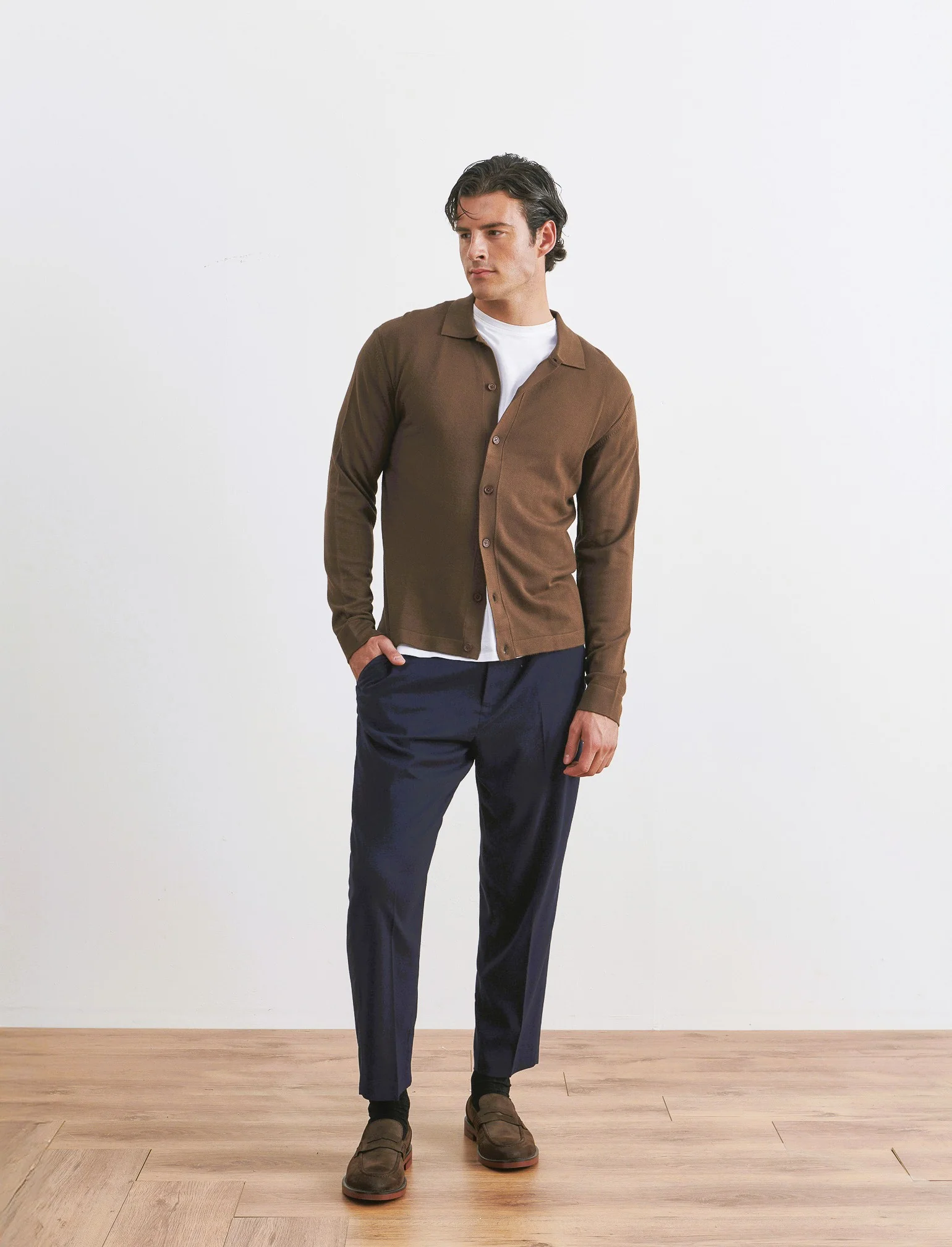 MAGLIA IN MISTO VISCOSA MODELLO POLO CARDIGAN - Moro - Image 2