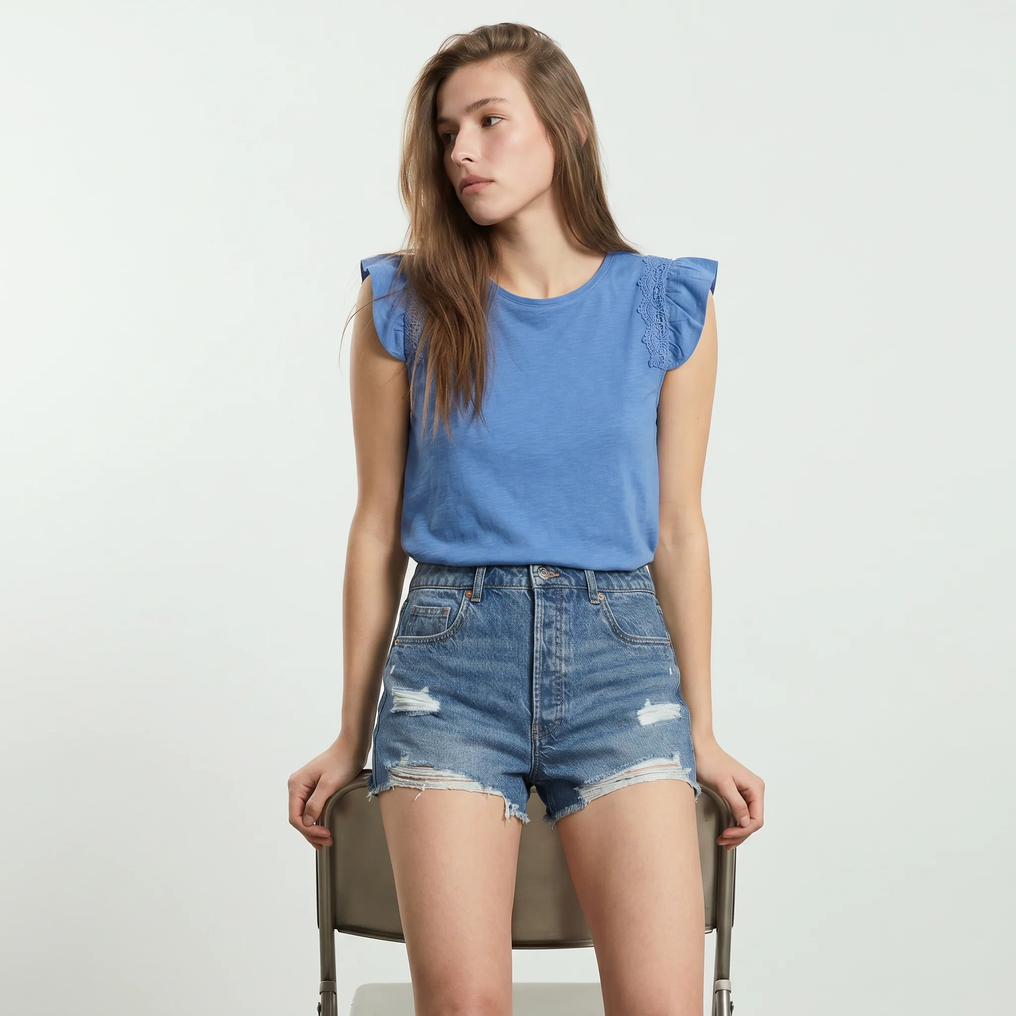 Maglia in pizzo con maniche ad aletta - Azzurro - Image 3