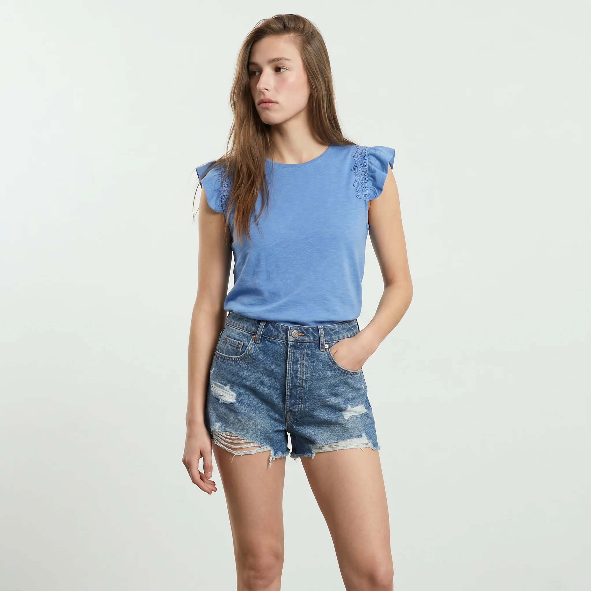 Maglia in pizzo con maniche ad aletta - Azzurro - Image 4