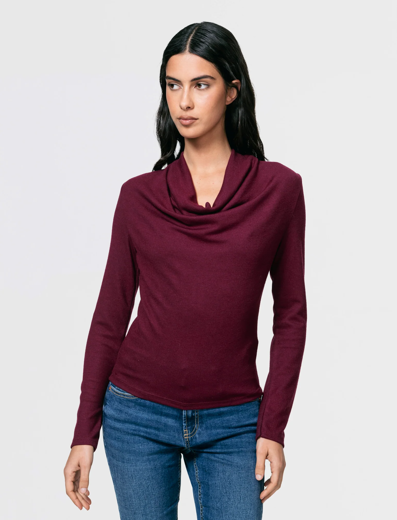 Maglia in tessuto morbido con scollo drappeggiato - Bordeaux - Image 3