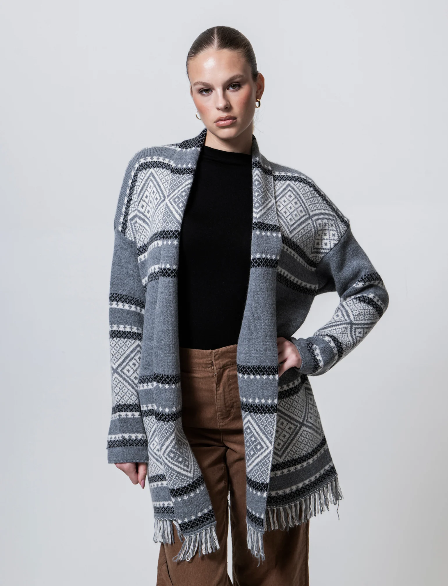 Maglia lunga jacquard modello spolverino - Grigio - Image 3
