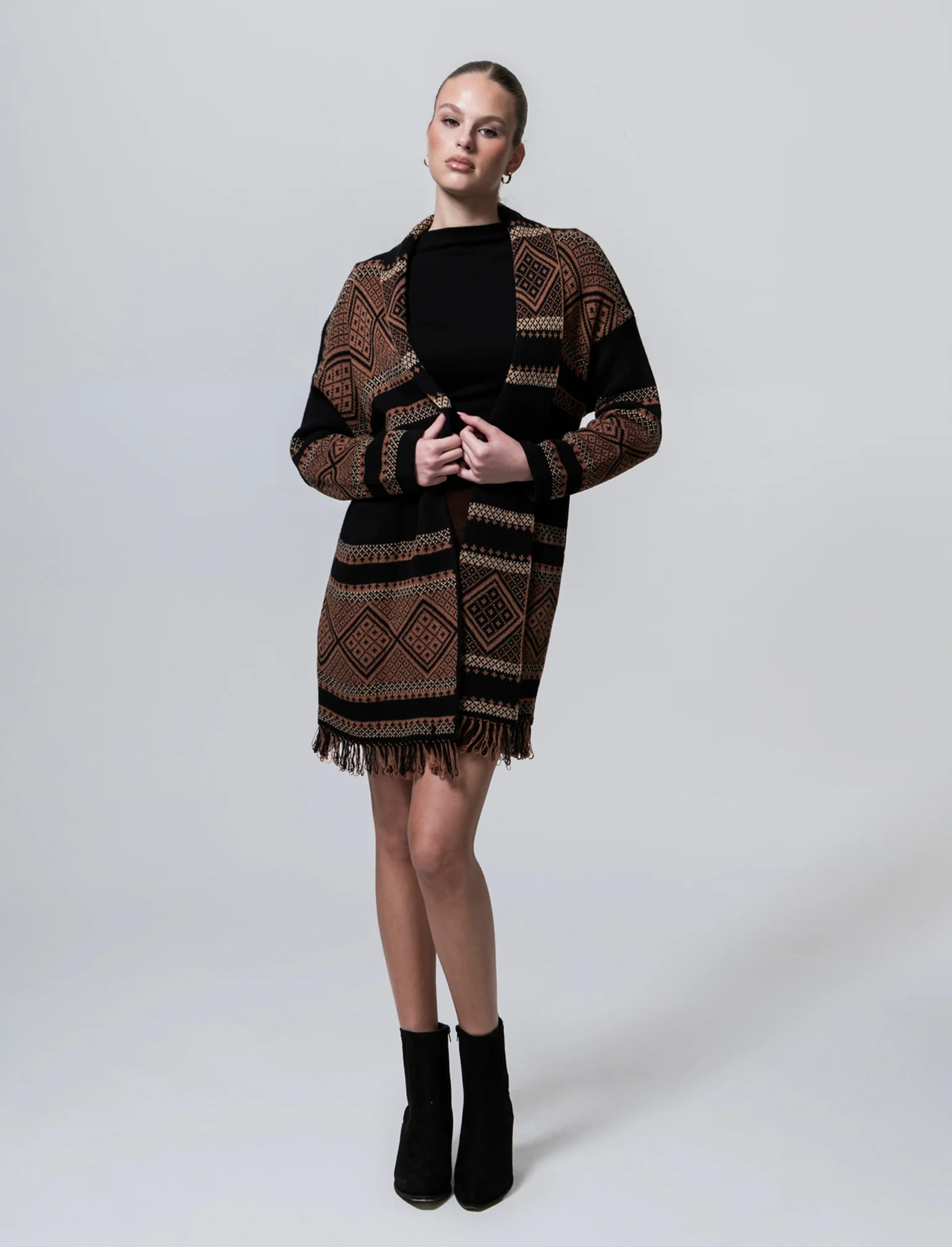 Maglia lunga jacquard modello spolverino - Nero - Image 3