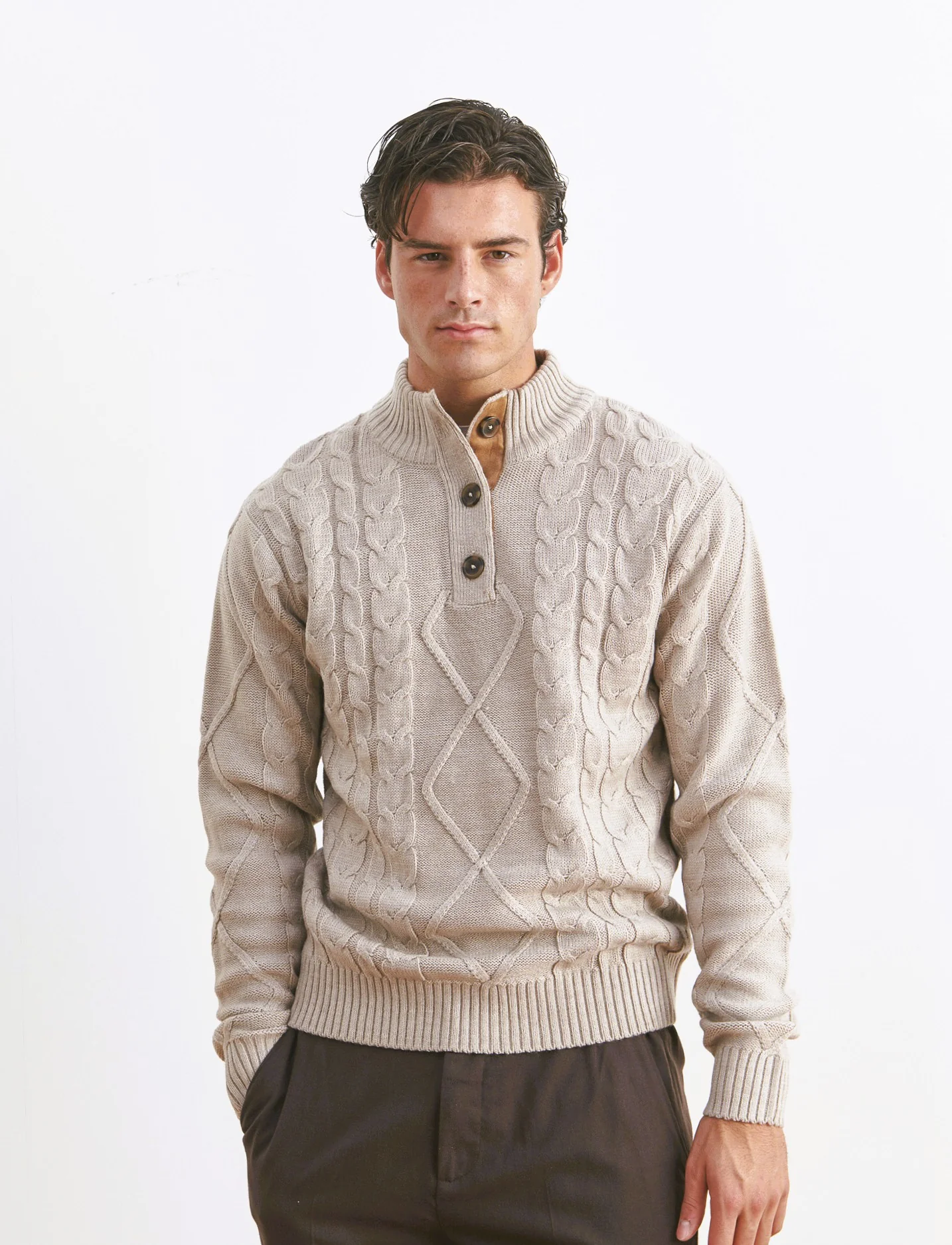 MAGLIA MEZZO COLLO A TRECCE - Beige - Image 3