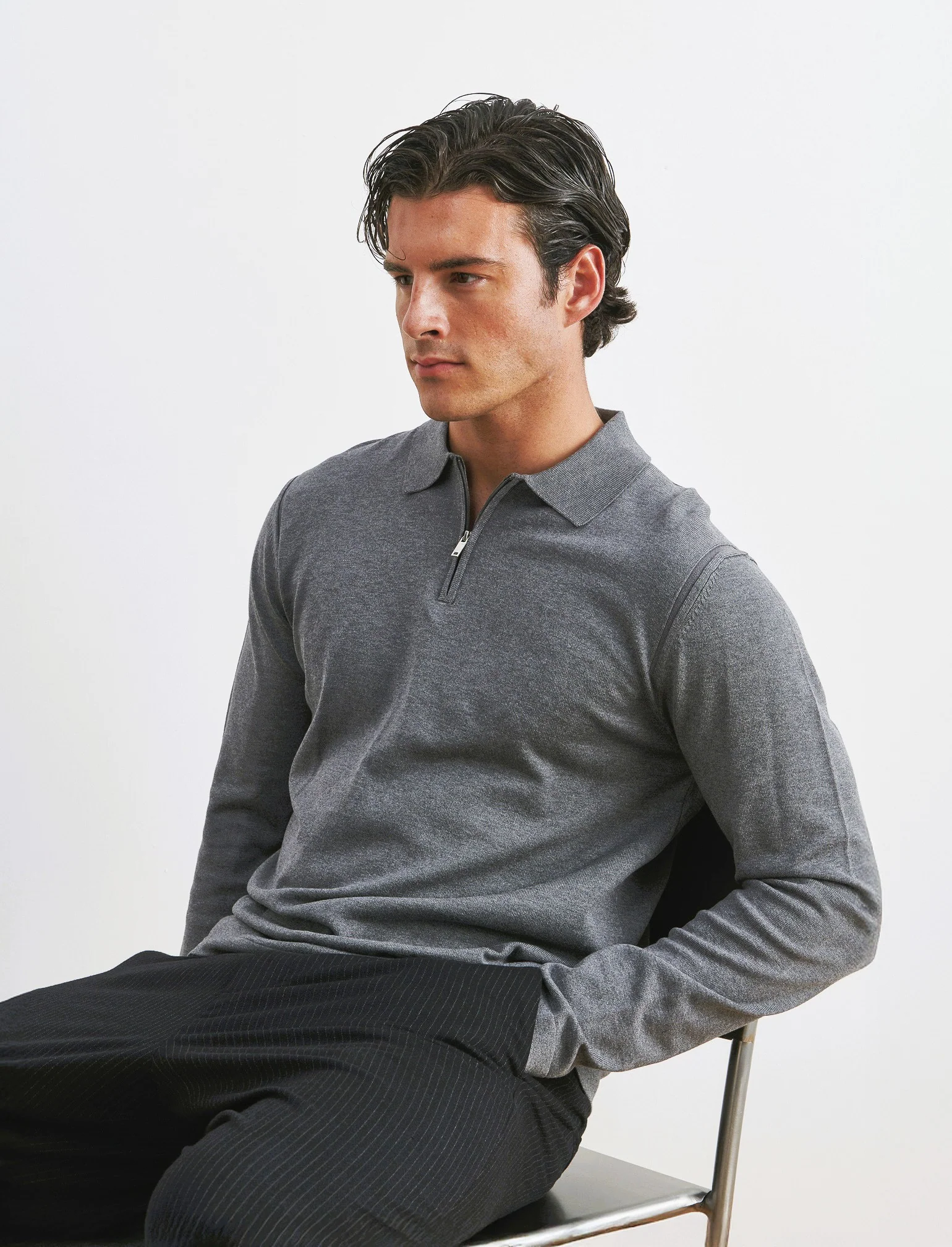 MAGLIA  MODELLO POLO CON CERNIERA - Grigio mel. - Image 3