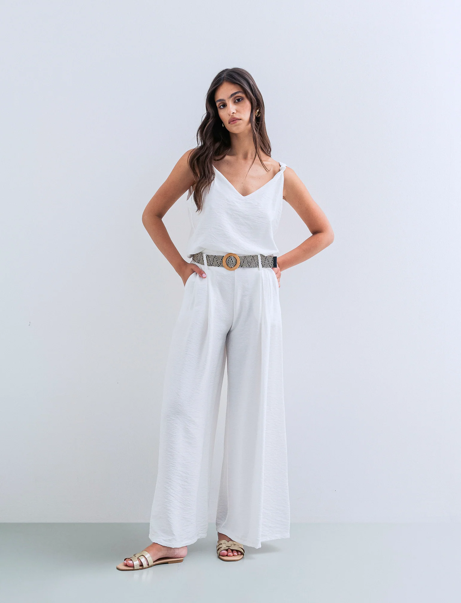 Pantalone a palazzo con cintura - Bianco - Image 3