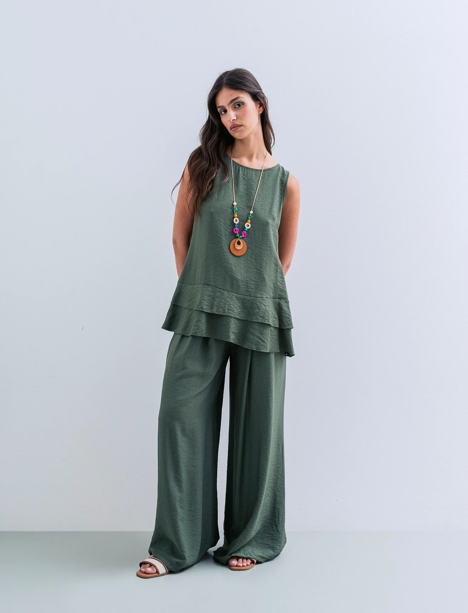 Pantalone a palazzo con cintura - Verde militare - Image 3