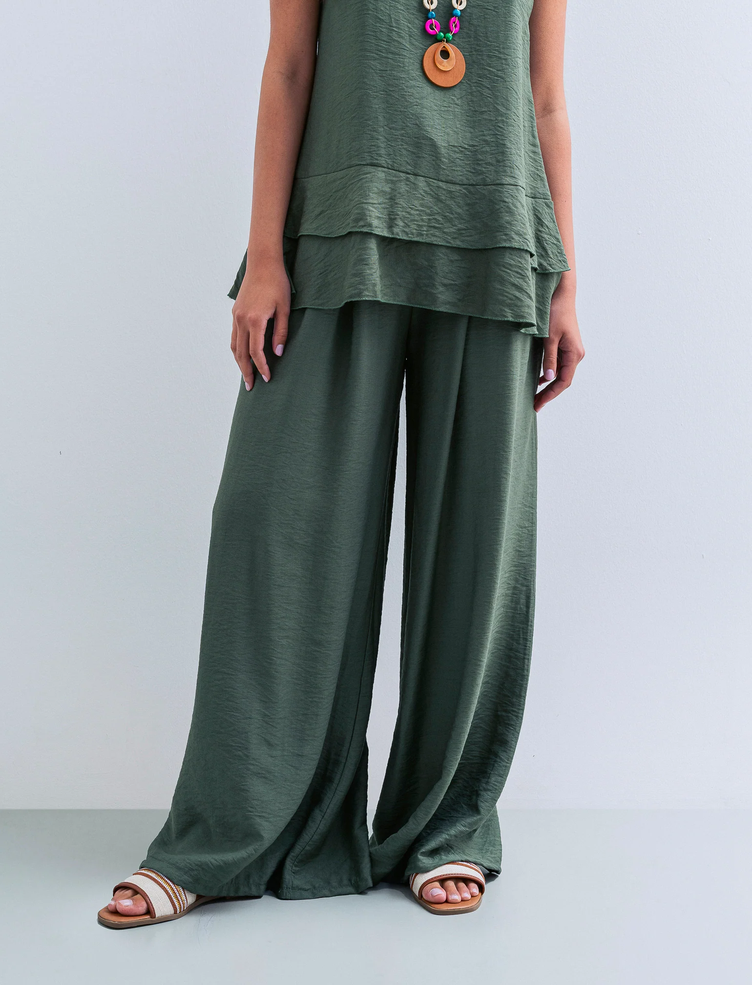 Pantalone a palazzo con cintura - Verde militare - Image 4