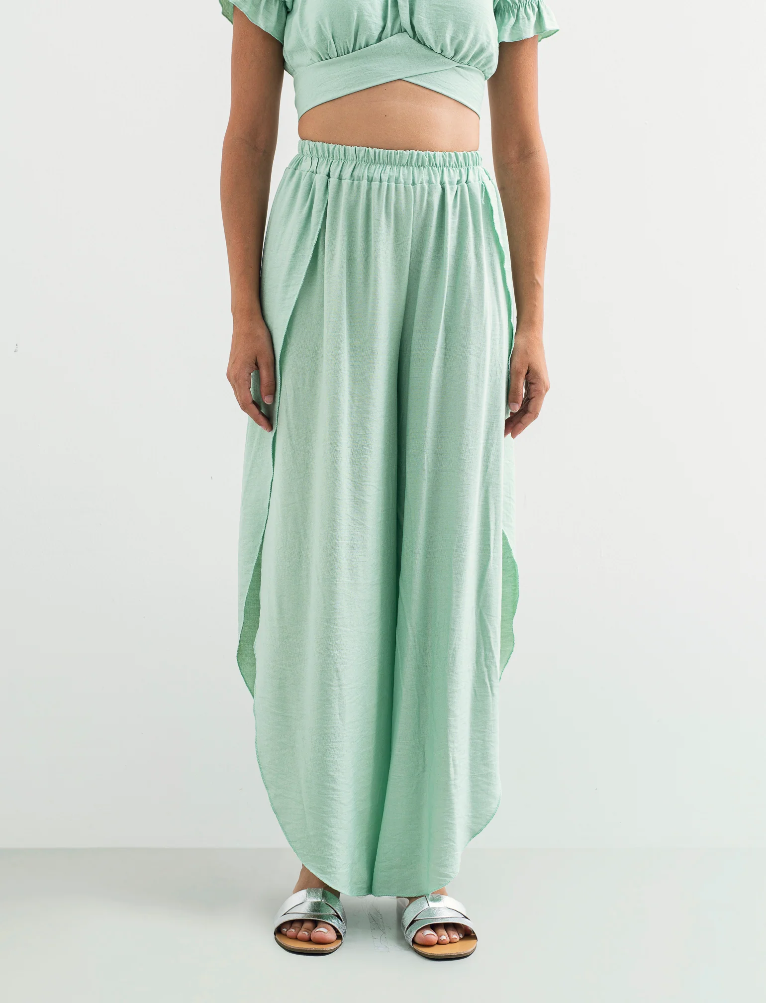 Pantalone a palazzo con elastico in vita - Verde acqua - Image 2