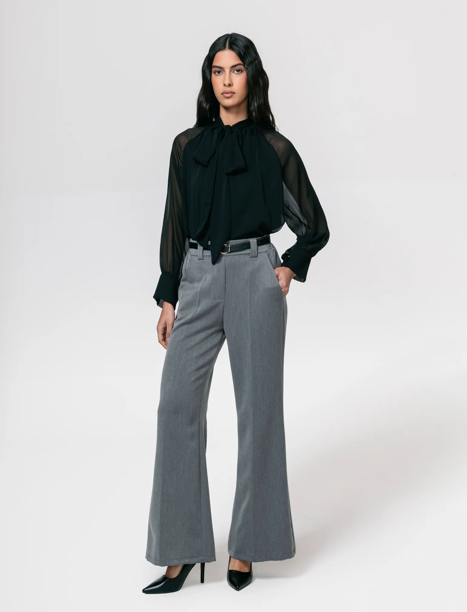 Pantalone a zampa con cintura - Grigio scuro - Image 2