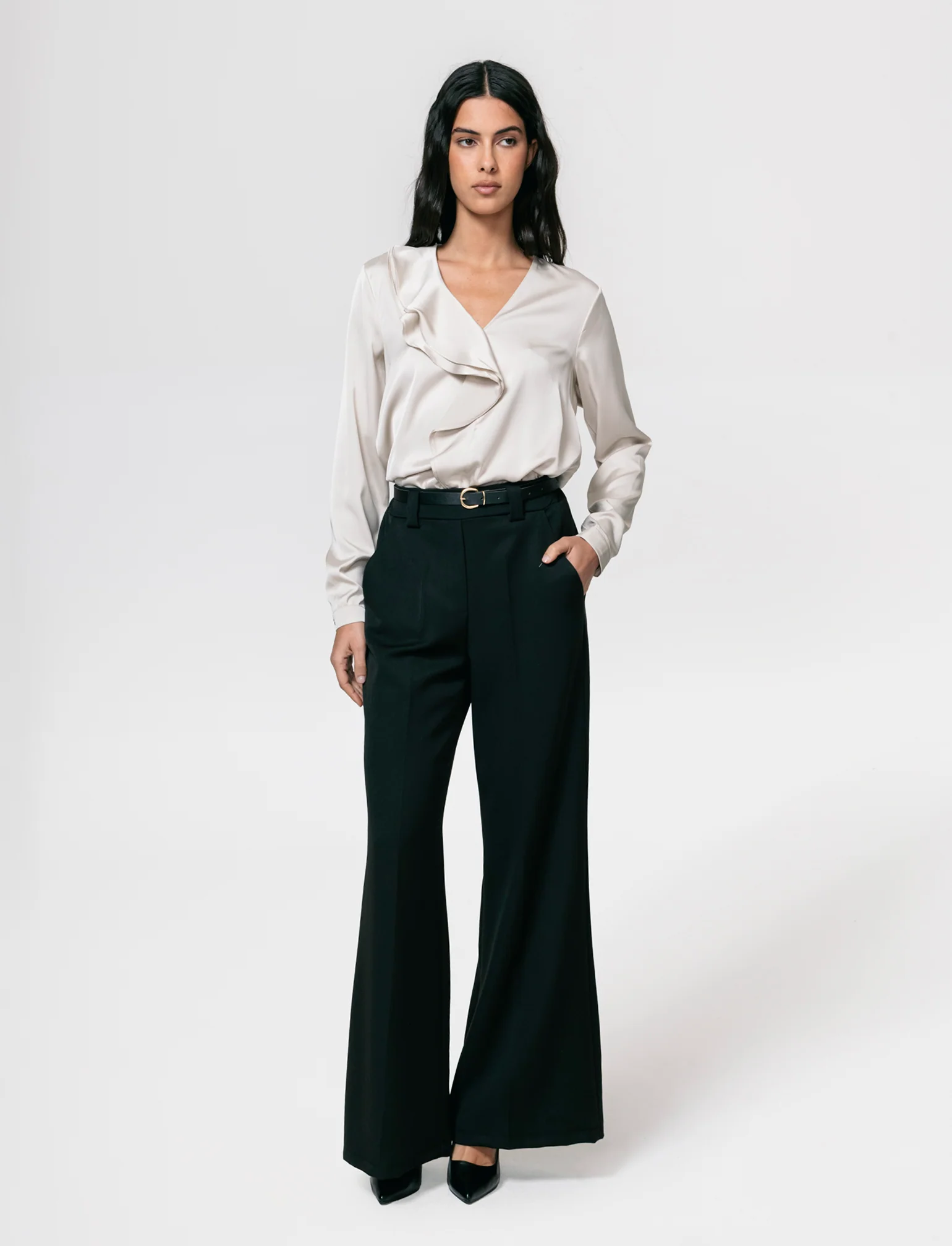 Pantalone a zampa con cintura - Nero - Image 3