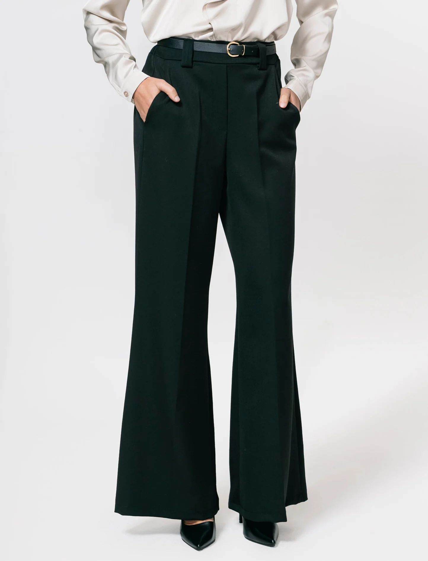 Pantalone a zampa con cintura - Nero - Image 4
