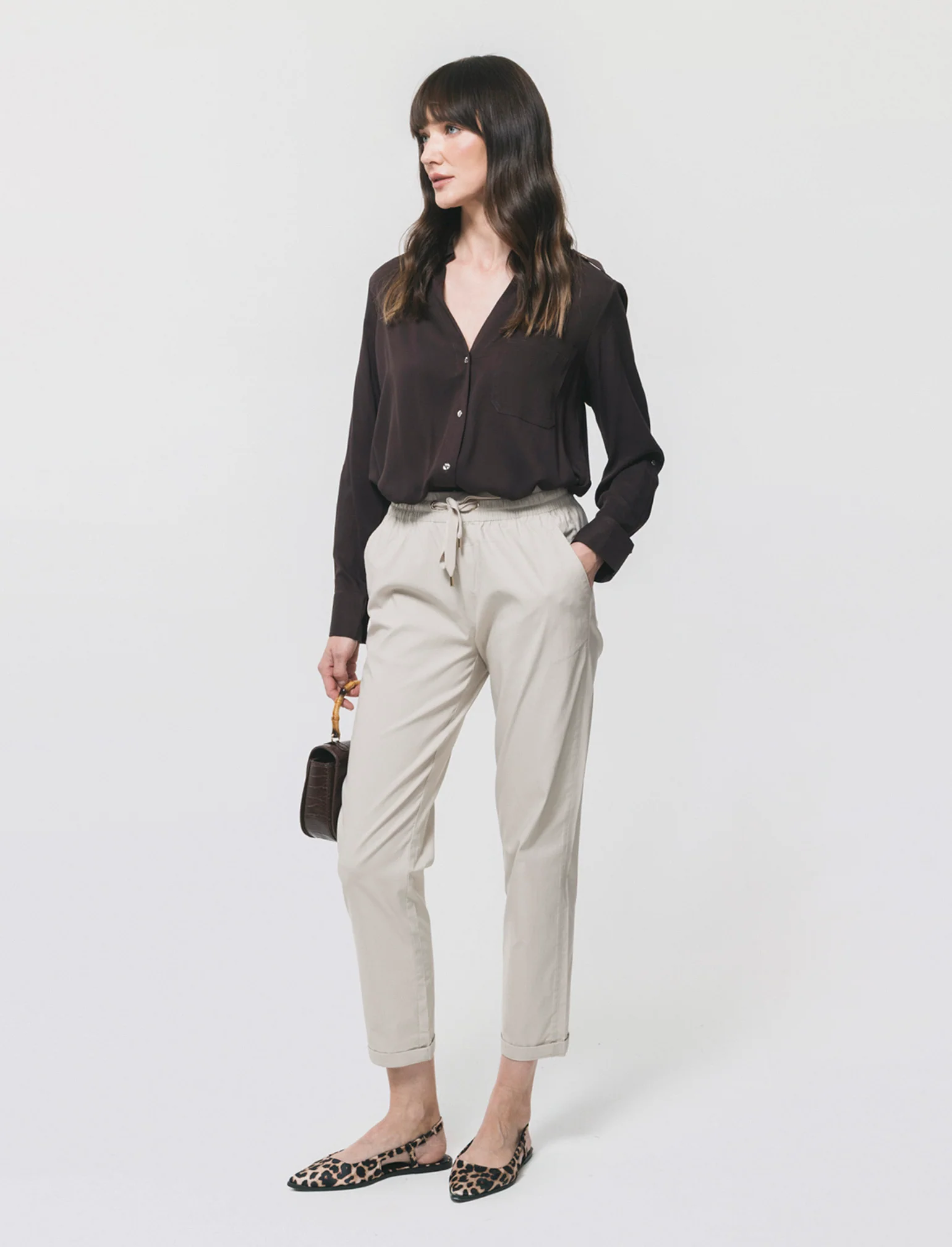 Pantalone con elastico e coulisse - Beige corda - Image 2