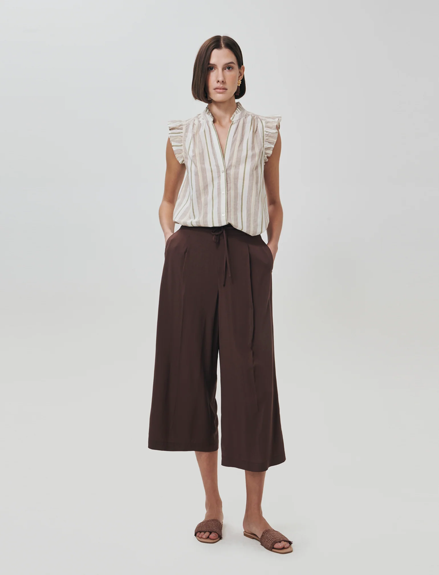 Pantalone Coulotte con Elastico e Coulisse - Marrone cioccolato - Image 3