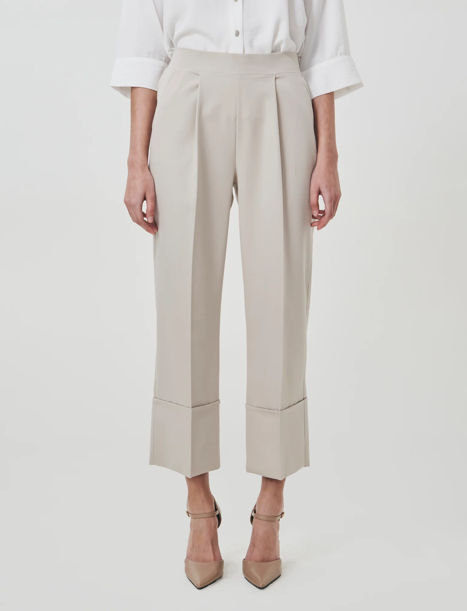 Pantalone Coulotte con Elastico e Risvolto - Beige - Image 3