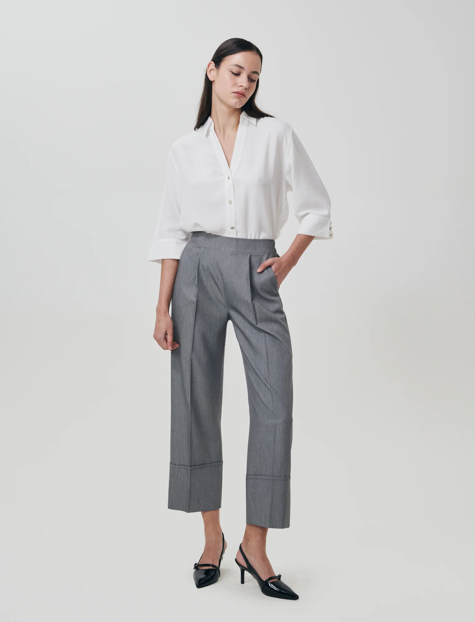 Pantalone Coulotte con Elastico e Risvolto - Grigio chiaro - Image 3