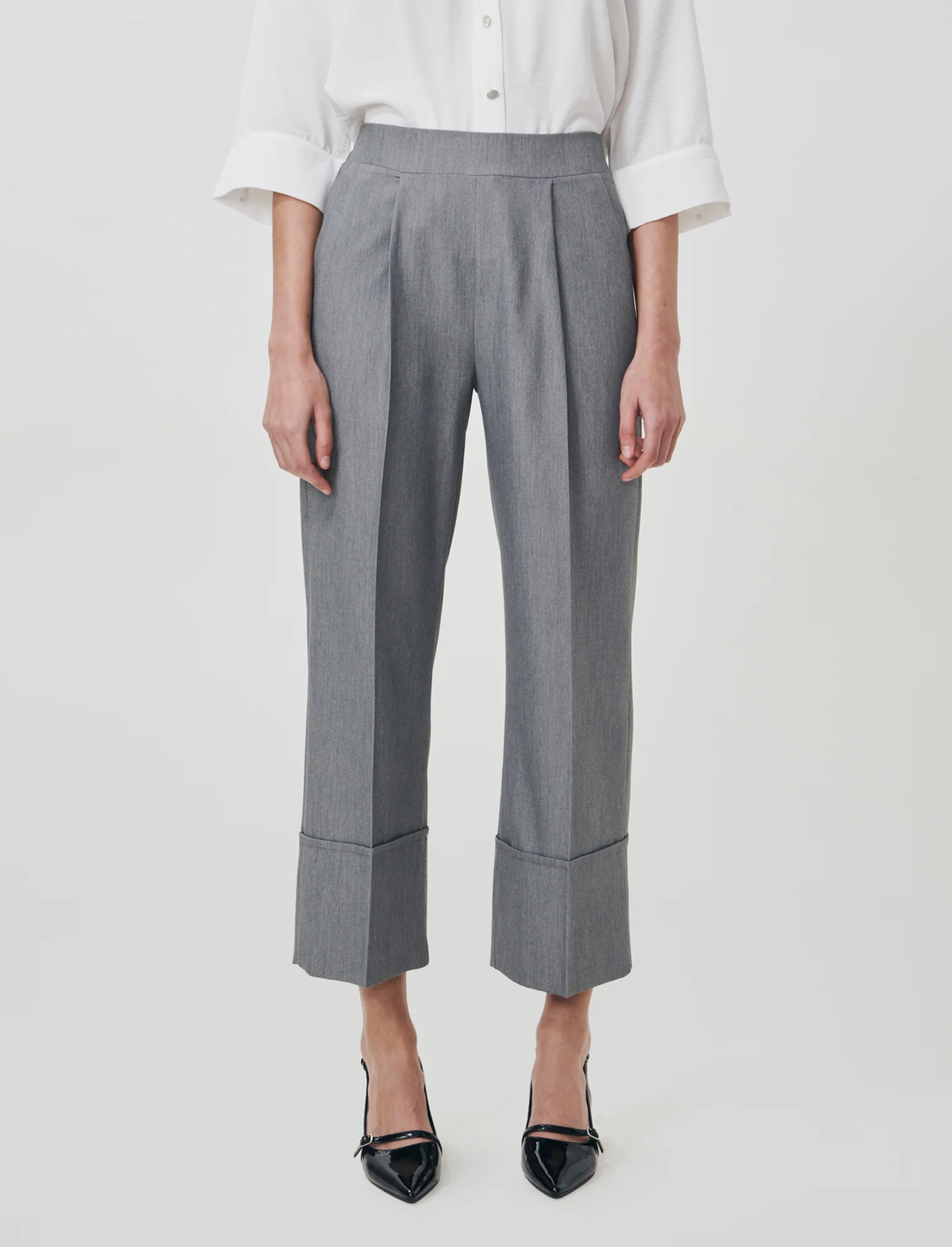 Pantalone Coulotte con Elastico e Risvolto - Grigio chiaro - Image 4