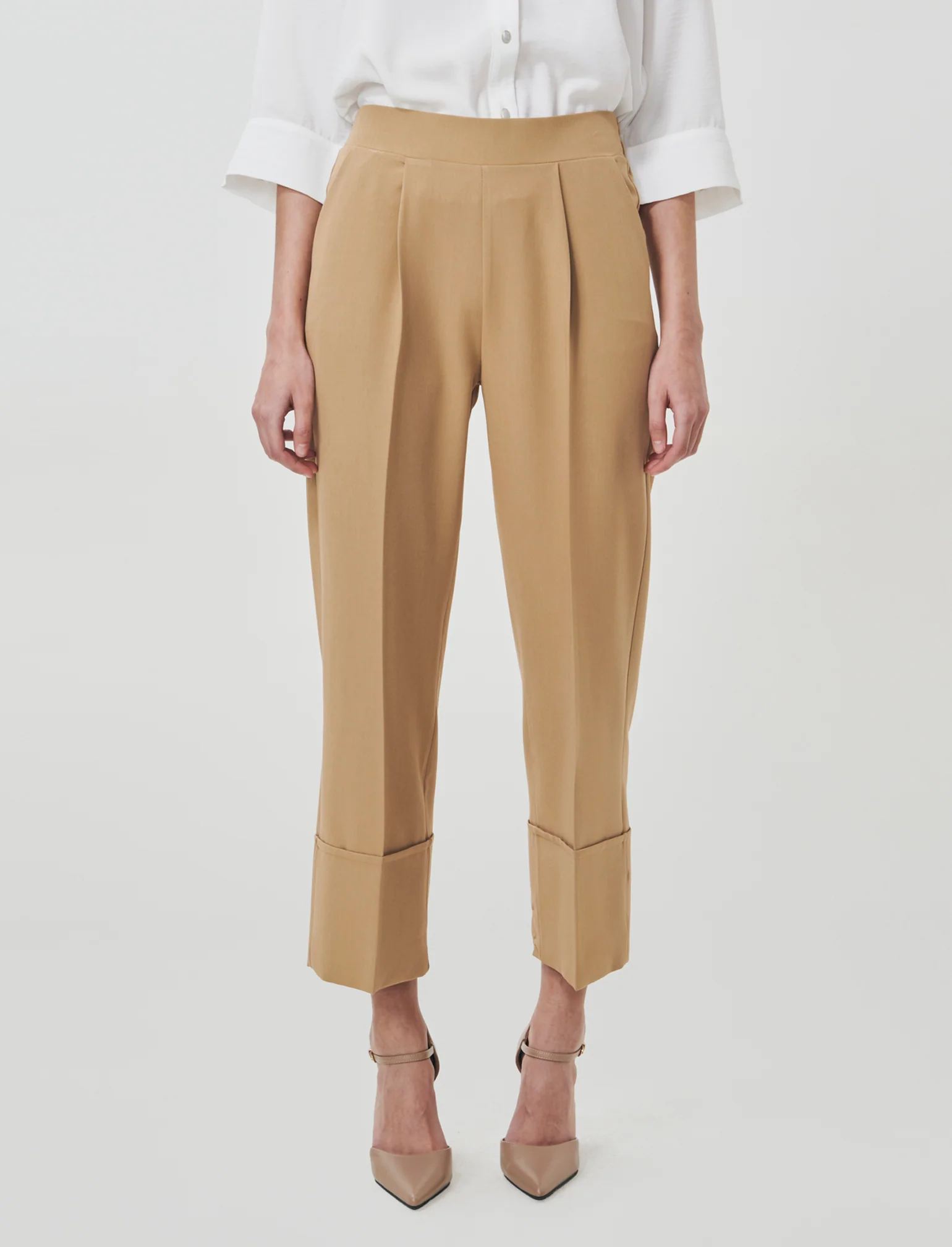 Pantalone Coulotte con Elastico e Risvolto - Sabbia - Image 3