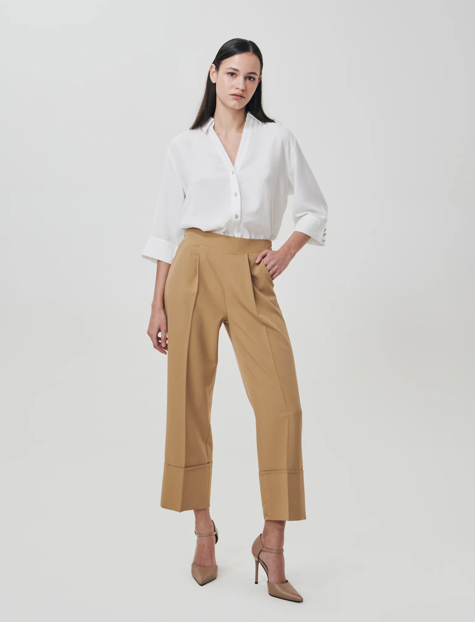 Pantalone Coulotte con Elastico e Risvolto - Sabbia - Image 4