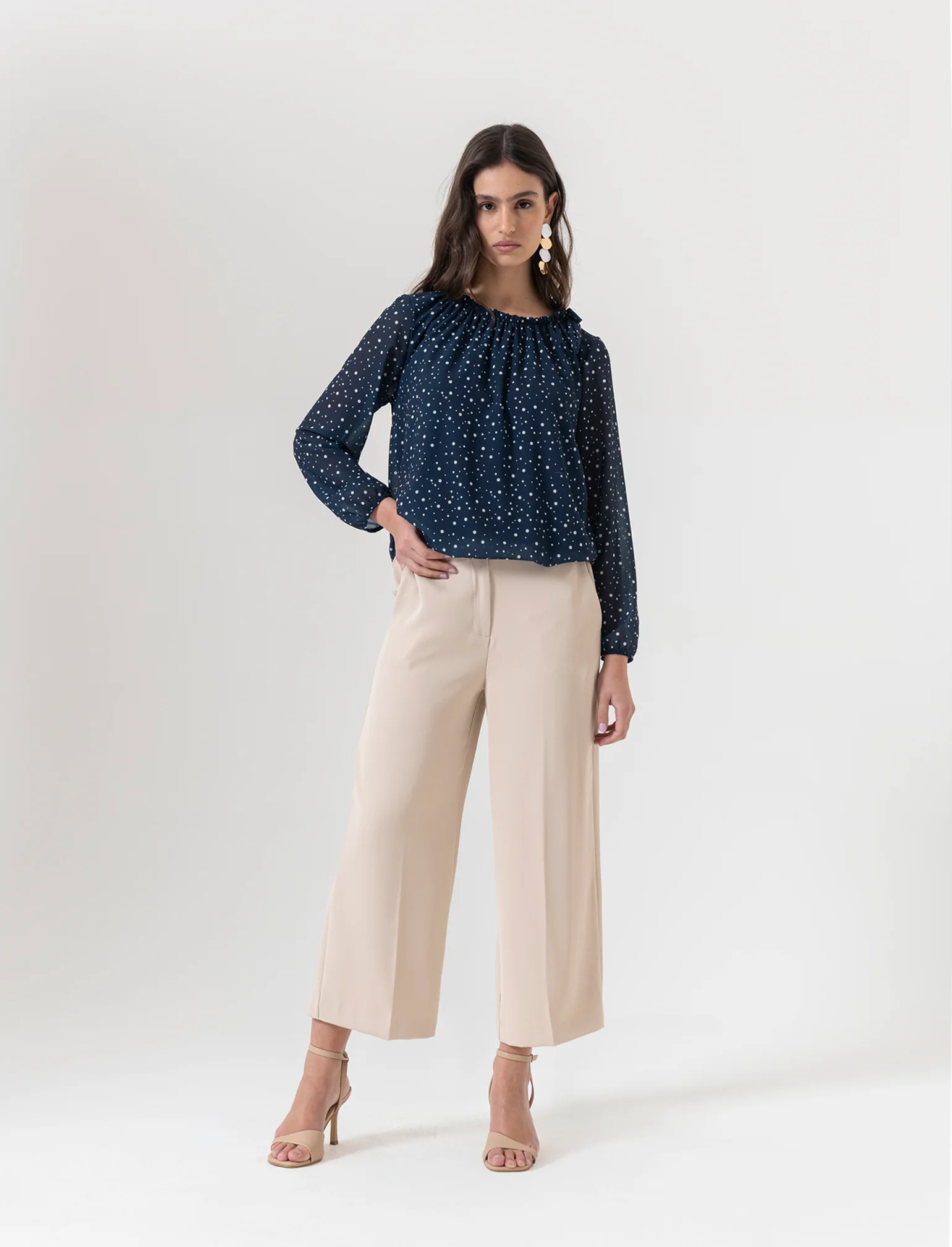 Pantalone coulotte con tasche ed elastico al dietro - Beige