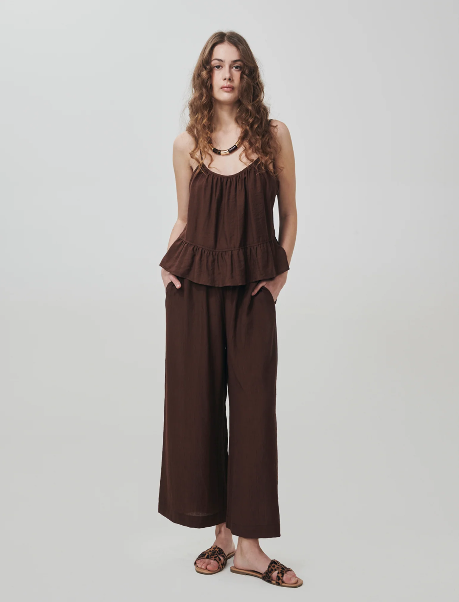 Pantalone Culotte con Elastico in Vita - Marrone cioccolato - Image 3