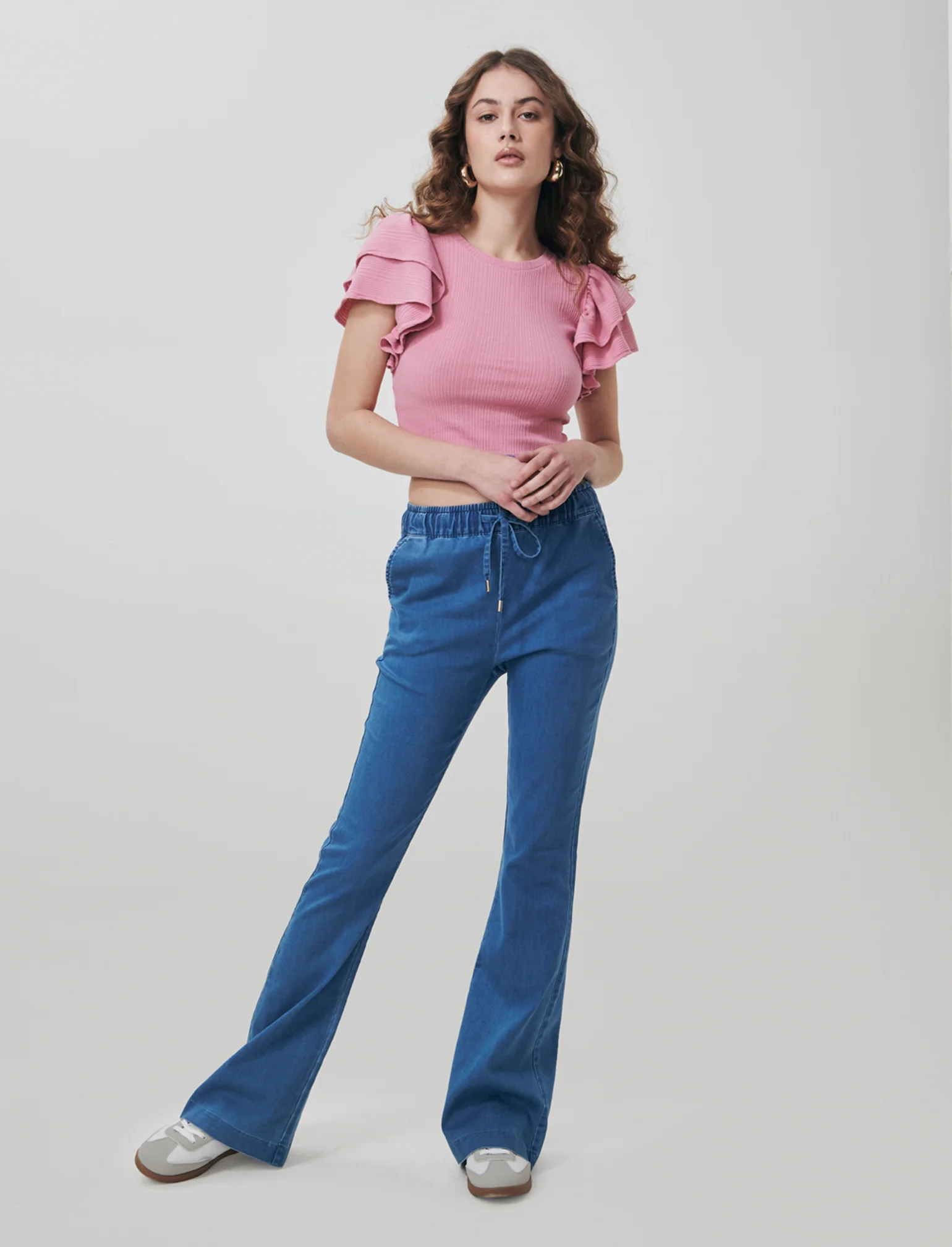 Pantalone Flare con Elastico in Vita - Denim - Image 3