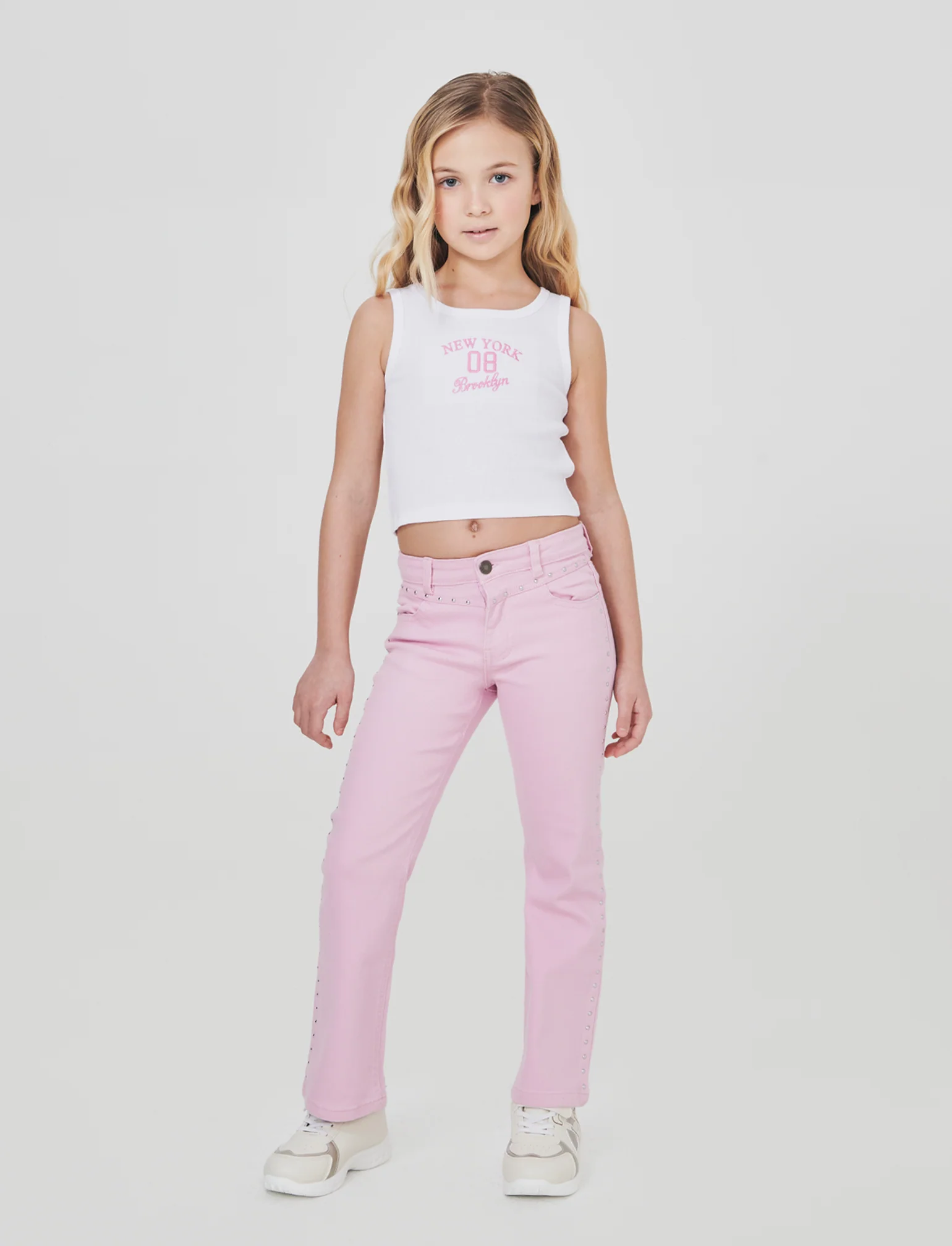 Pantalone flare in denim con borchiette - Rosa - Image 3