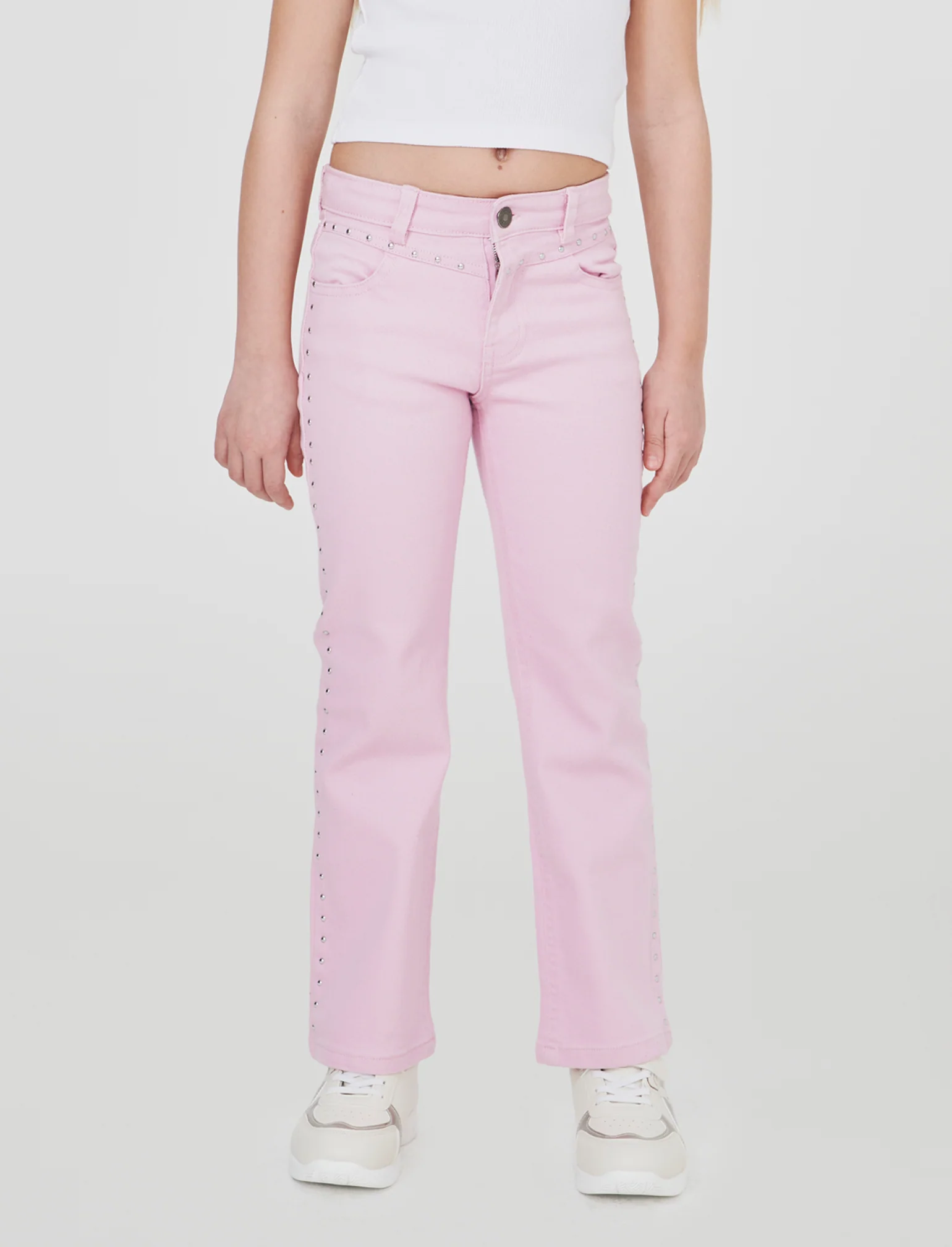 Pantalone flare in denim con borchiette - Rosa - Image 4