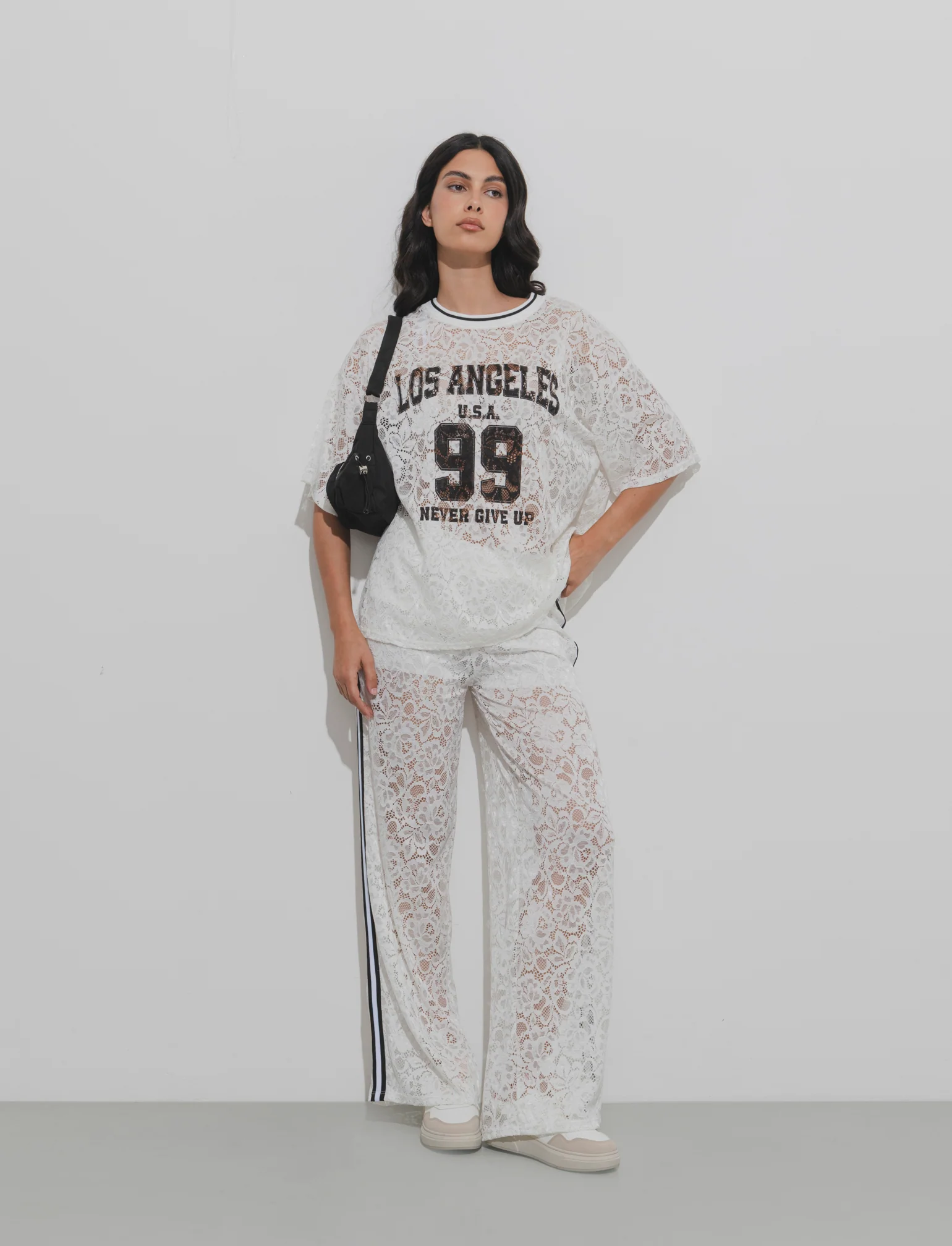 Pantalone in pizzo con bande laterali - Bianco - Image 3