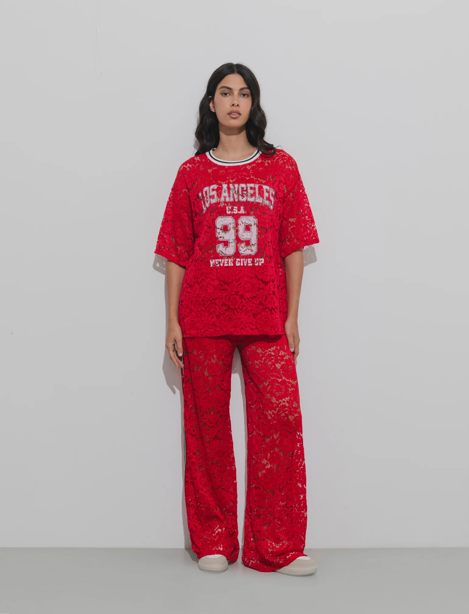 Pantalone in pizzo con bande laterali - Rosso - Image 3
