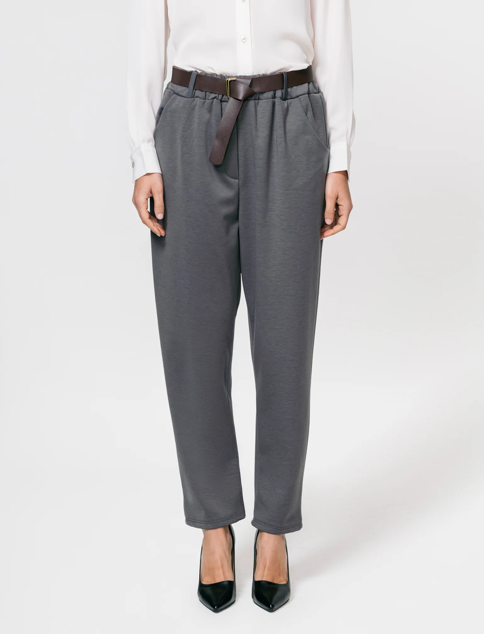Pantalone in tessuto morbido con cintura - Grigio fango - Image 4