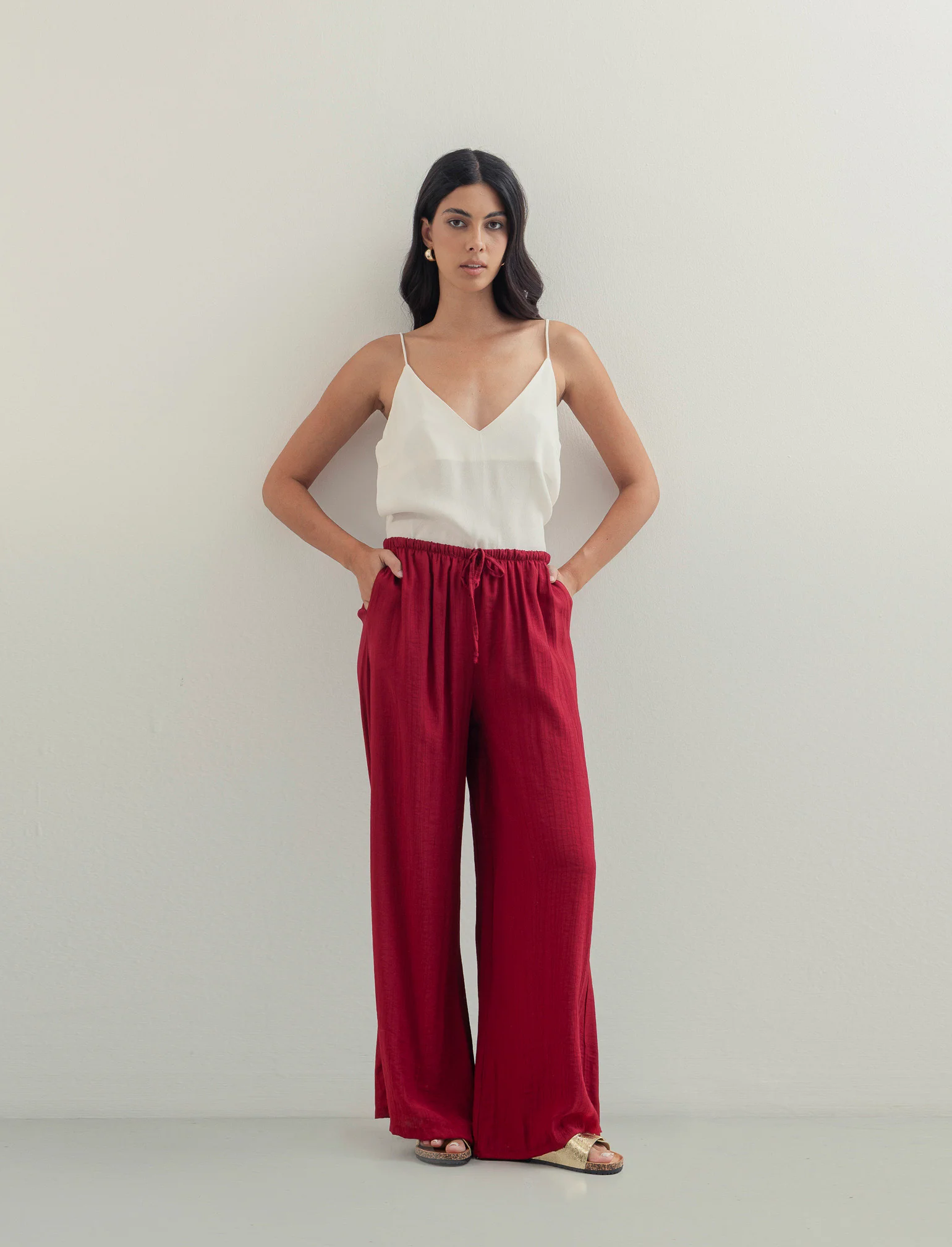 Pantalone largo con coulisse sottile - Rosso india