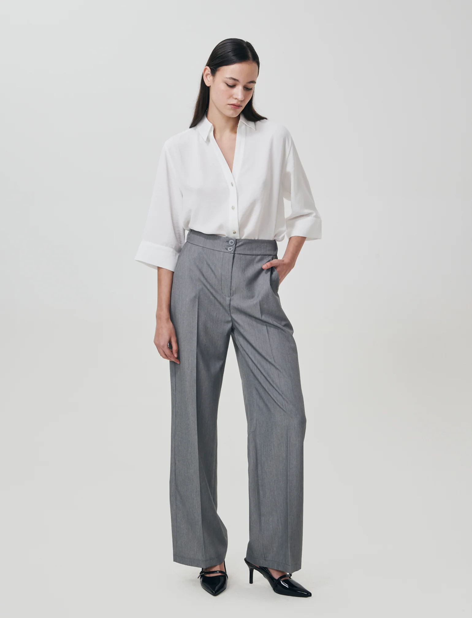 Pantalone Palazzo con Chiusura Doppio Bottone - Grigio chiaro - Image 3