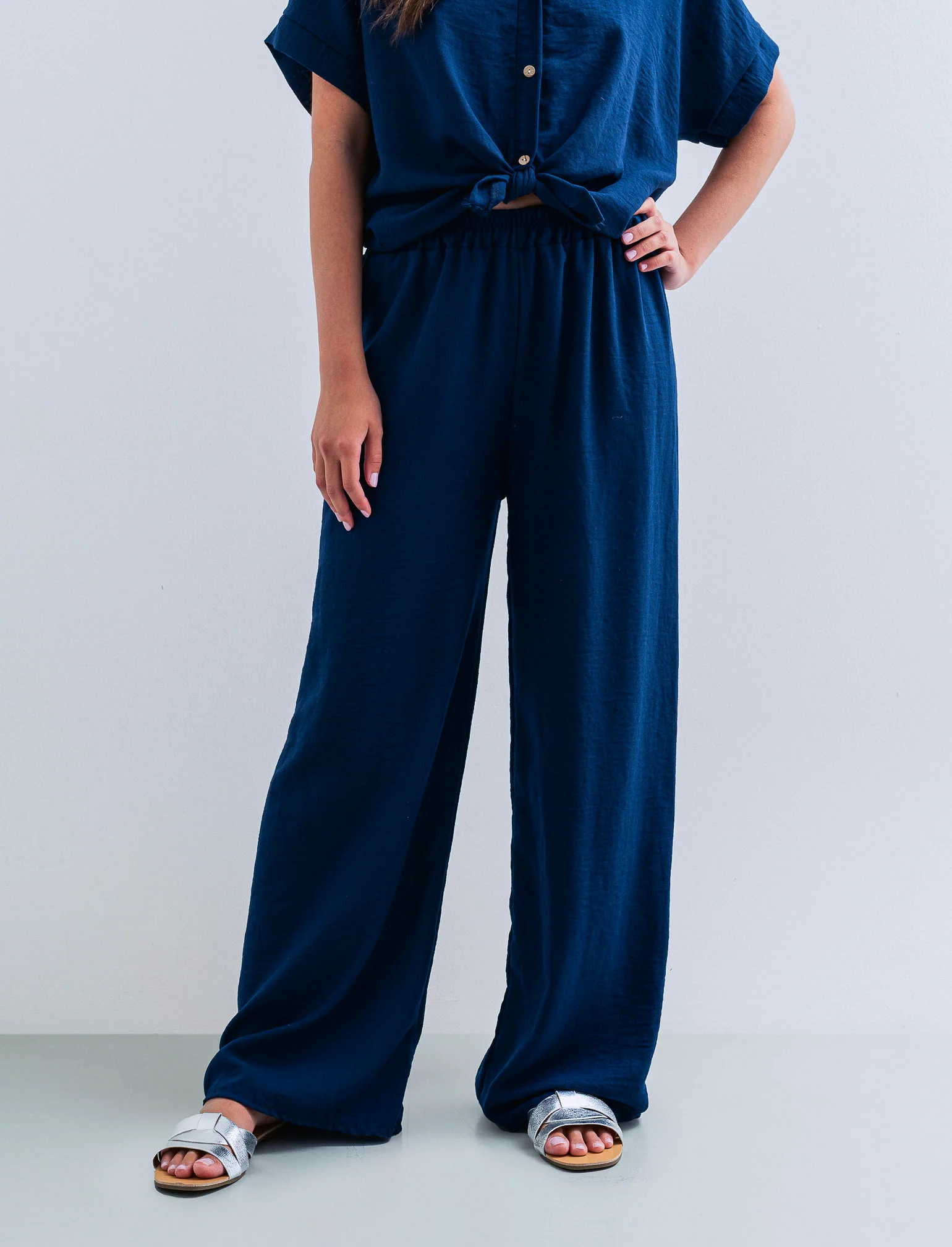 Pantalone palazzo con elastico - Blu - Image 3