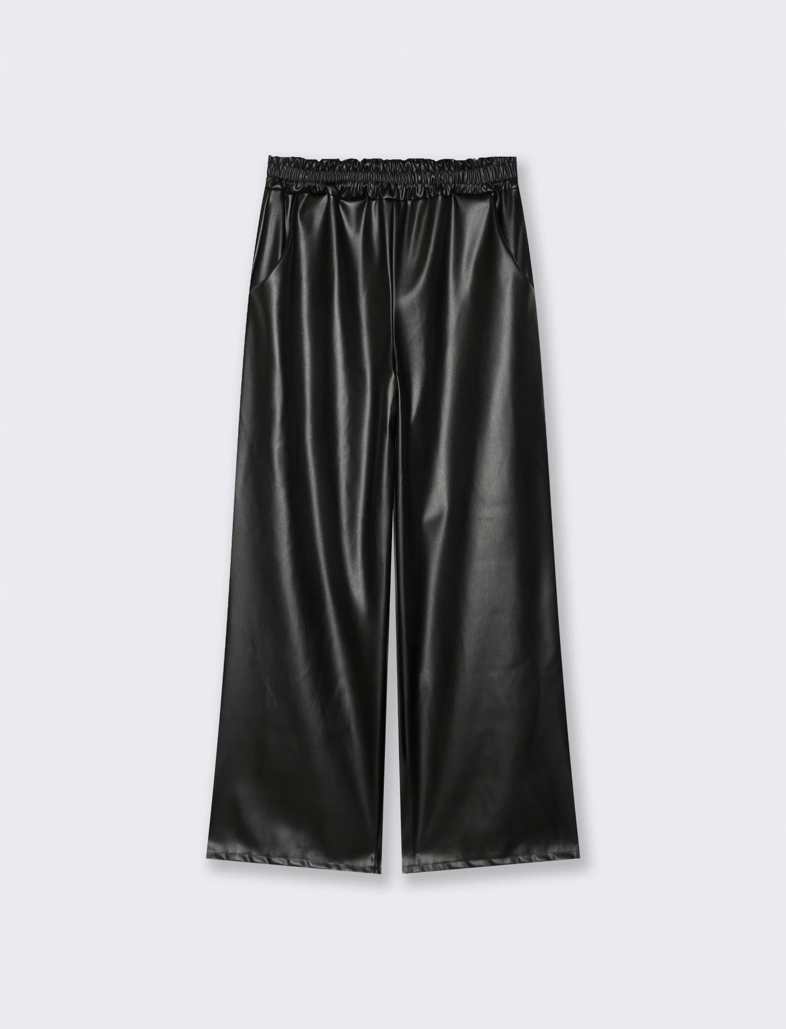 Pantalone palazzo con elastico in vita in ecopelle - Nero