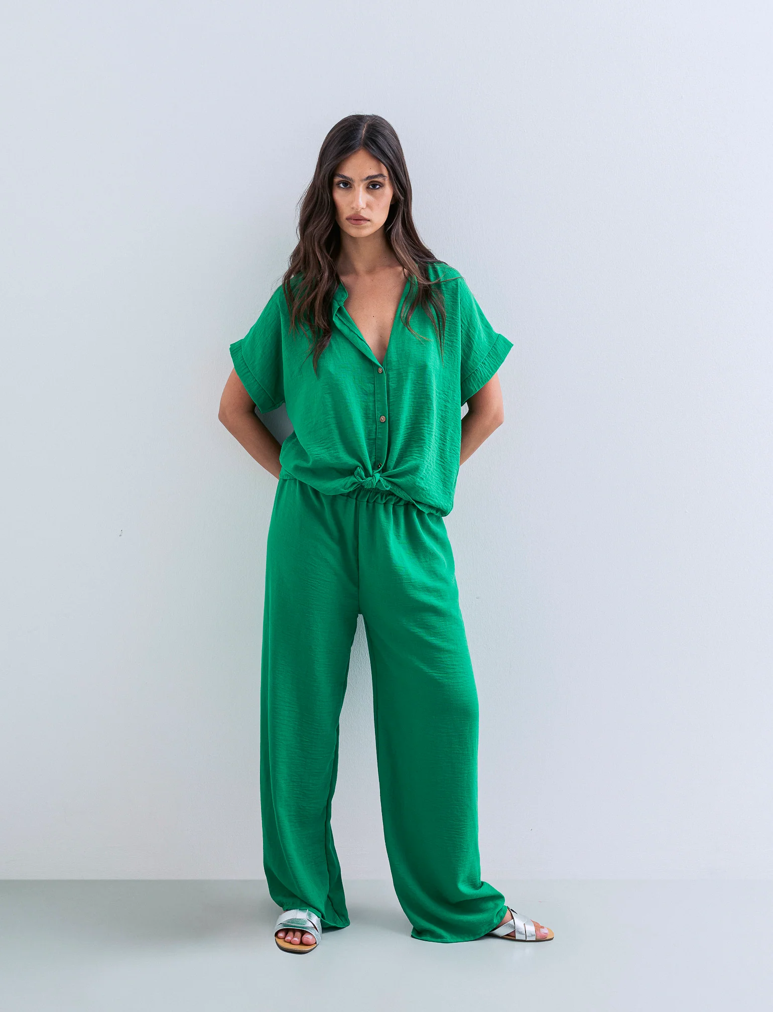 Pantalone palazzo con elastico - Verde - Image 3