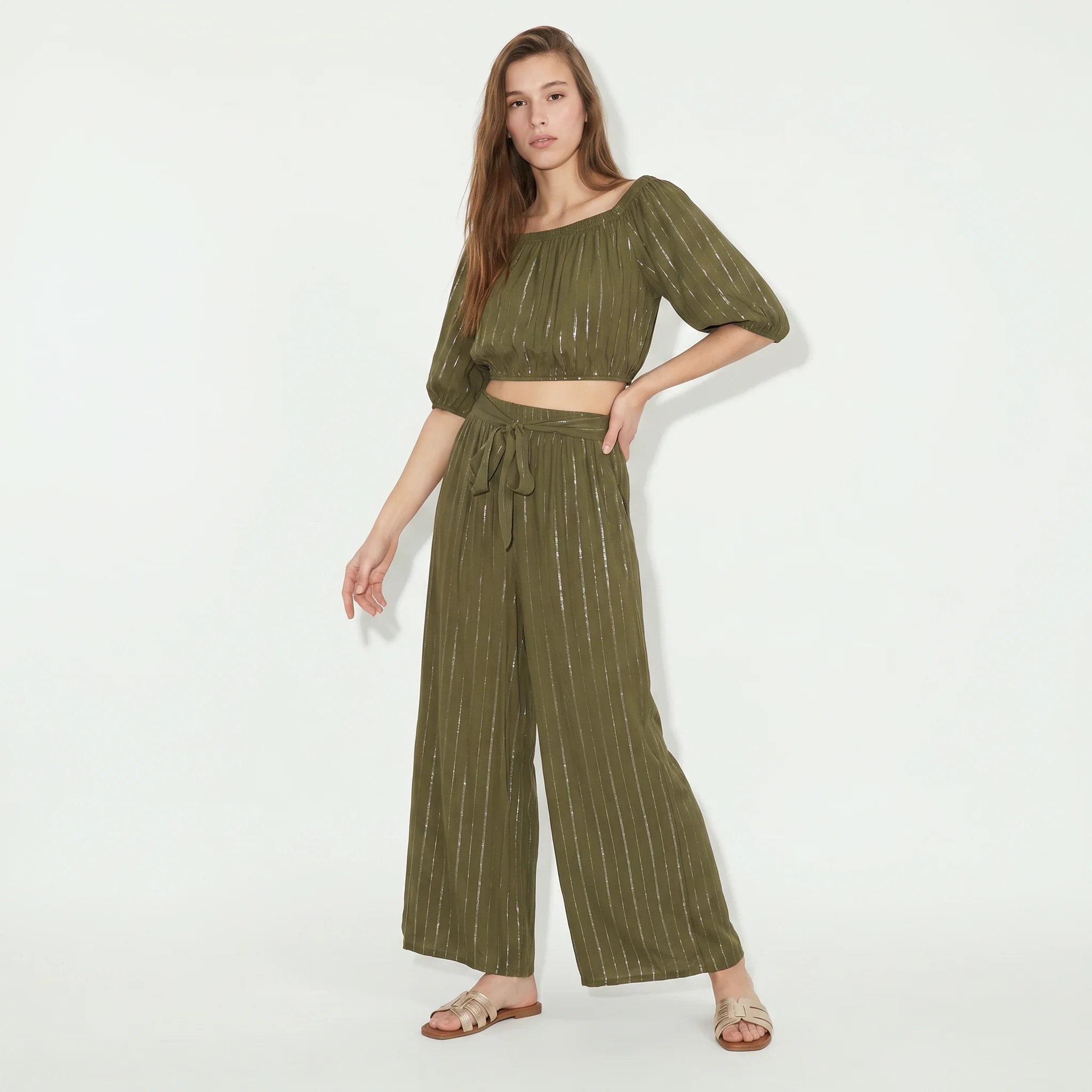 Pantalone Palazzo con Lurex e Fusciacca - Kaky 1 - Image 3