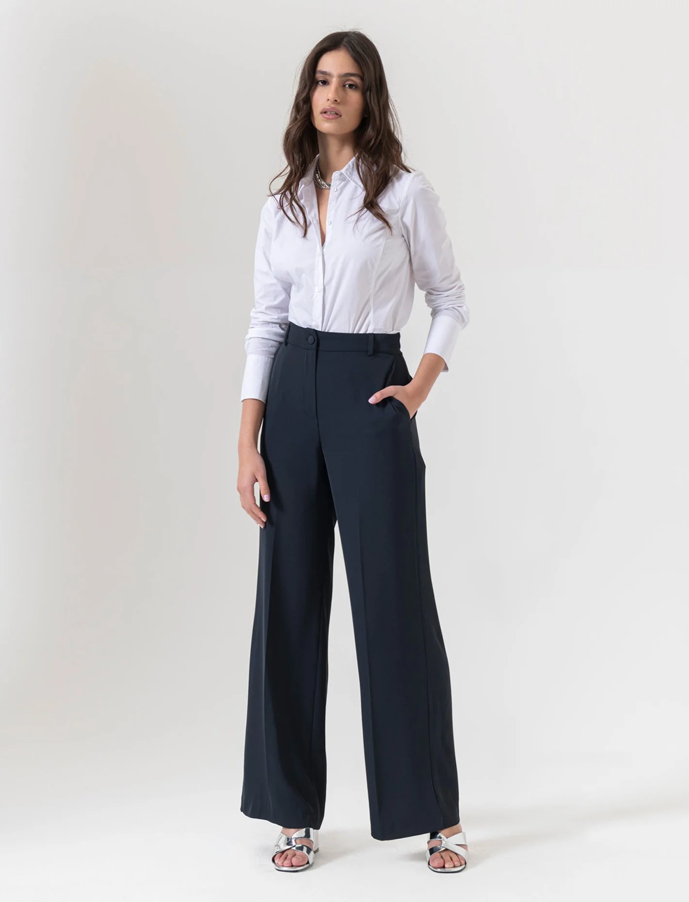 Pantalone palazzo in tessuto fluido - Blu - Image 3