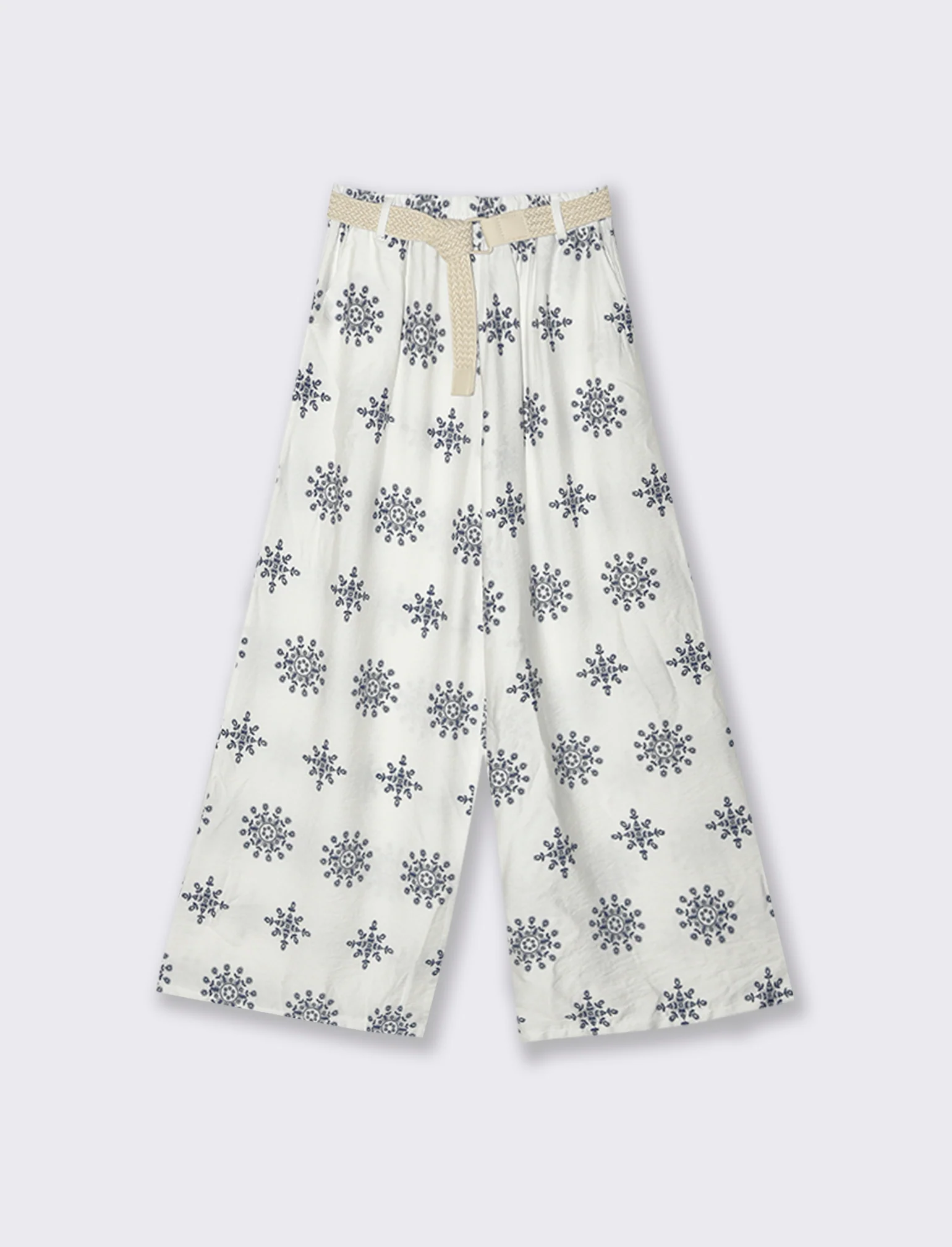 Pantalone palazzo stampato con cintura - Bianco - Image 3