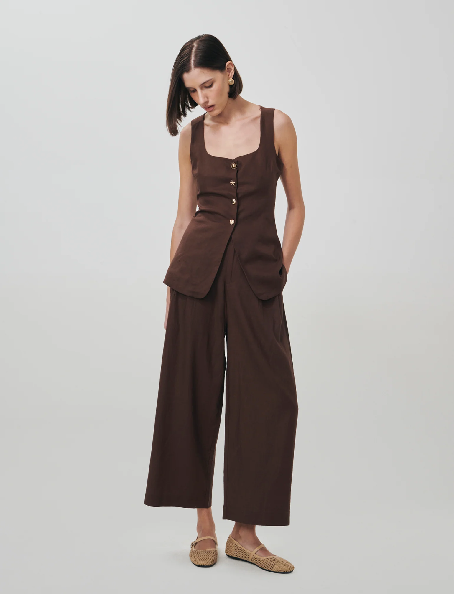 Pantalone Vita Alta con Tasche Laterali - Marrone cioccolato - Image 3
