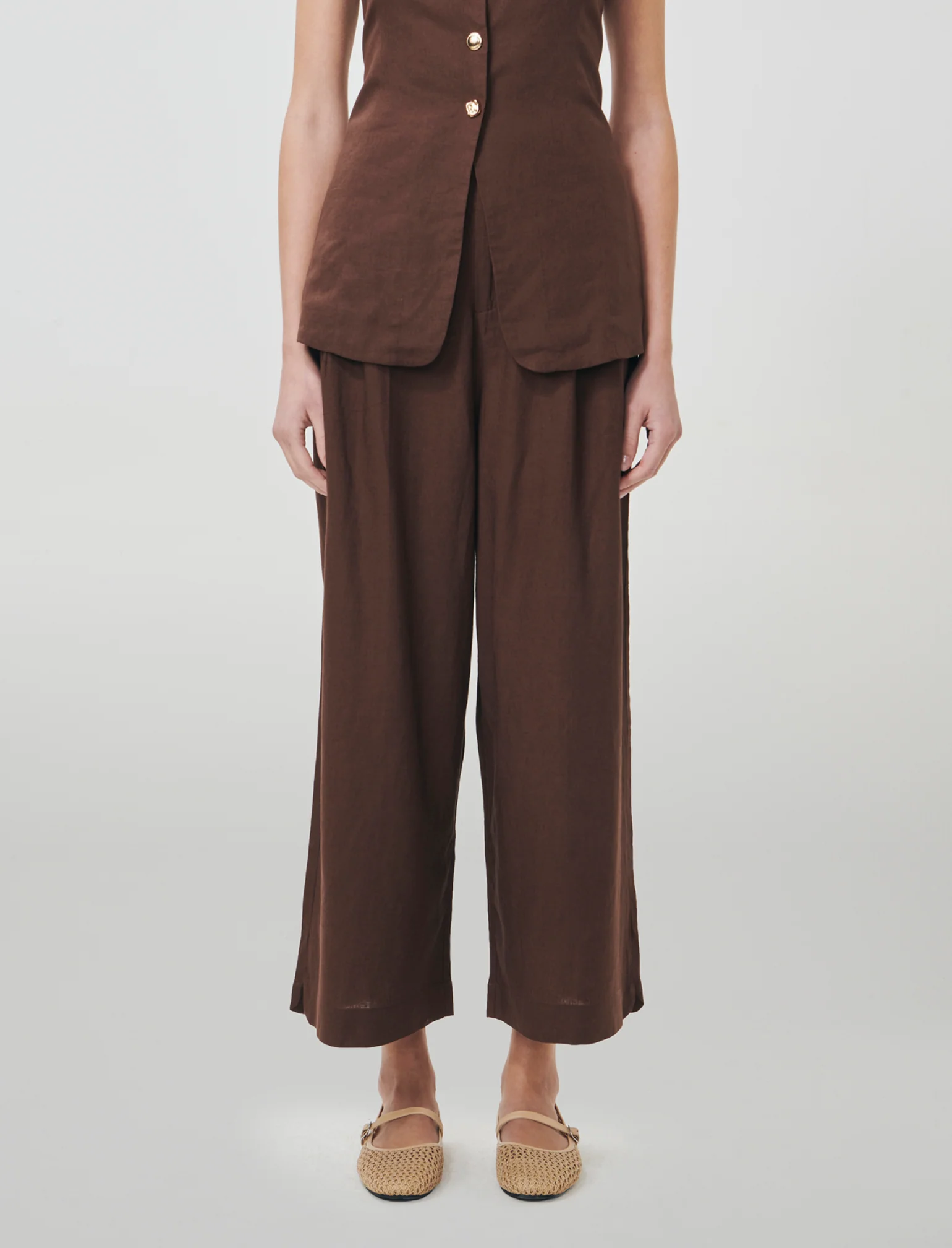 Pantalone Vita Alta con Tasche Laterali - Marrone cioccolato - Image 4