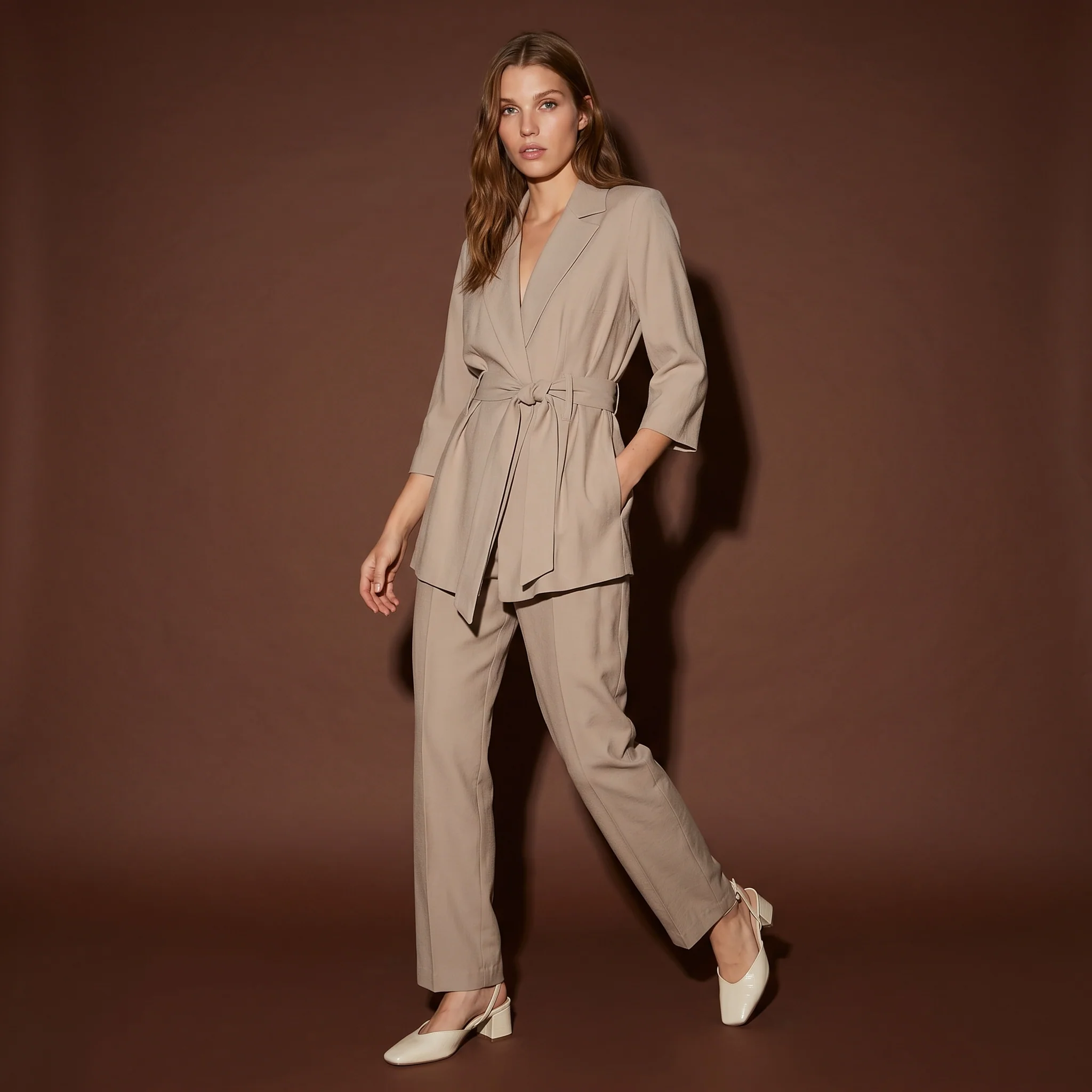Pantaloni alla Caviglia con Cintura Vita - Beige - Image 3