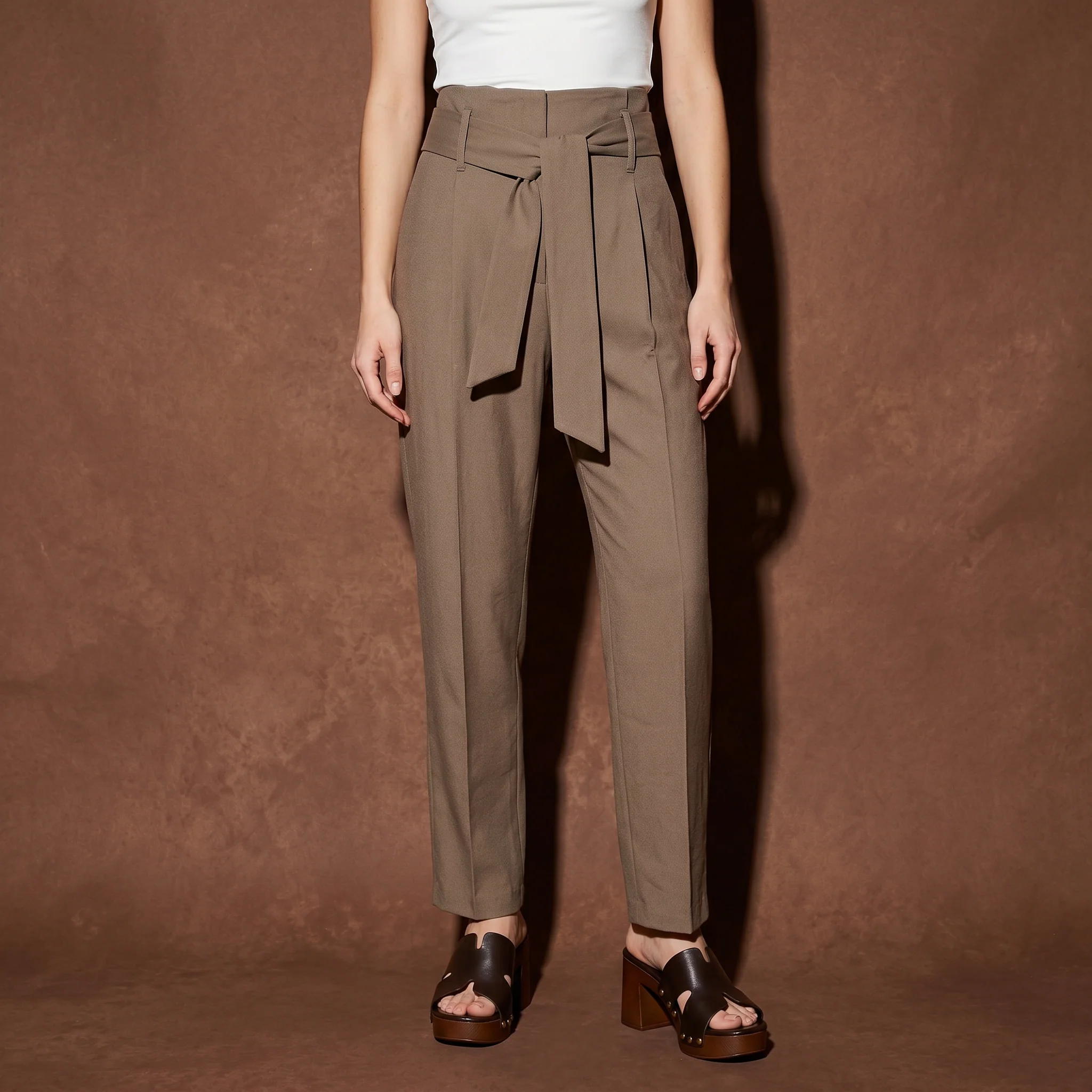 Pantaloni alla Caviglia con Cintura Vita - Grigio fango